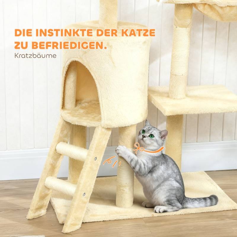 Arbre à chat avec grotte, 4 jouets, poteaux sisal, grande plateforme et escalier pour chats <5kg beige - Image 7