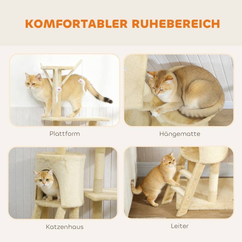 Arbre à chat avec grotte, 4 jouets, poteaux sisal, grande plateforme et escalier pour chats <5kg beige - Image 5