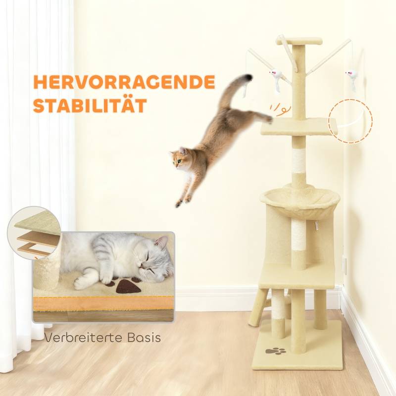Arbre à chat avec grotte, 4 jouets, poteaux sisal, grande plateforme et escalier pour chats <5kg beige - Image 6