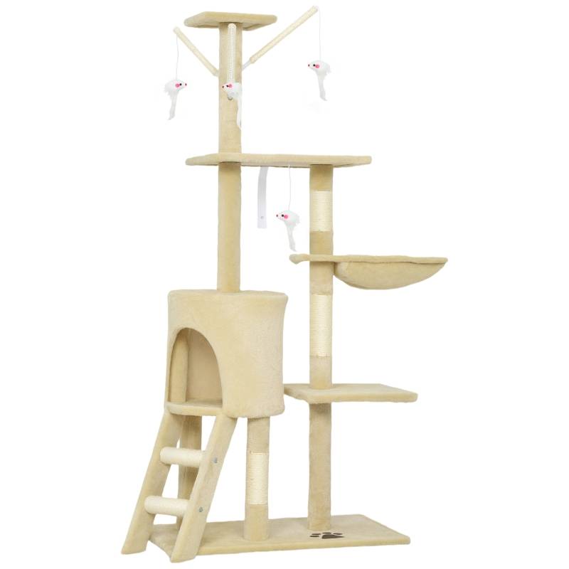 Arbre à chat avec grotte, 4 jouets, poteaux sisal, grande plateforme et escalier pour chats <5kg beige - Image 1