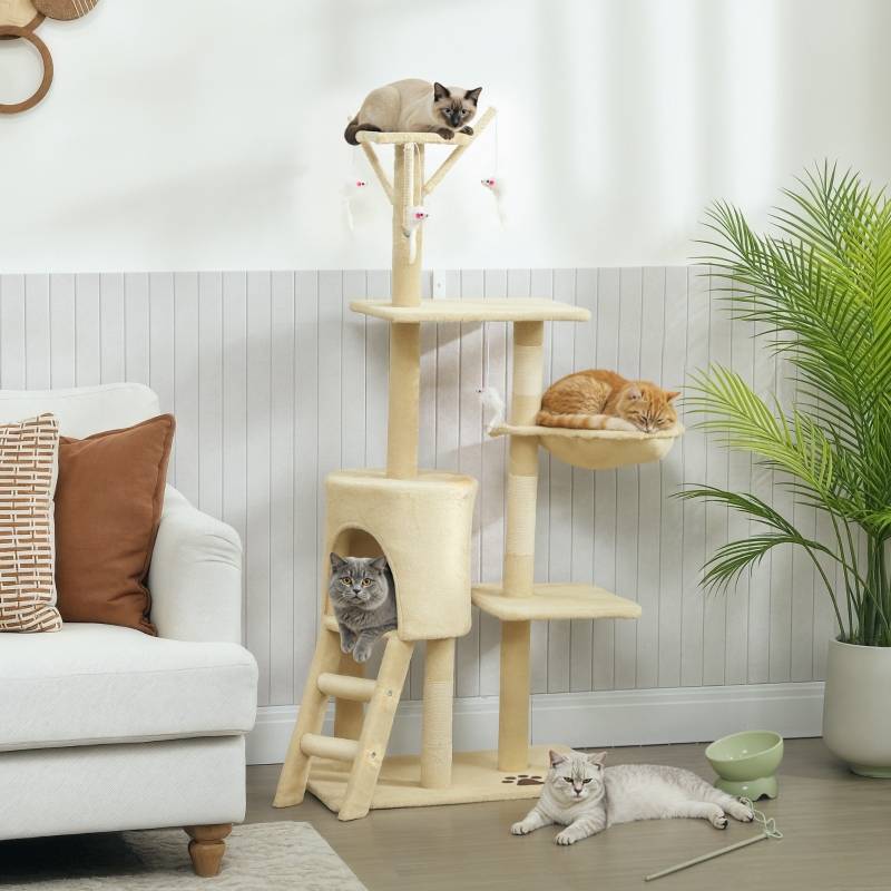 Arbre à chat avec grotte, 4 jouets, poteaux sisal, grande plateforme et escalier pour chats <5kg beige - Image 2