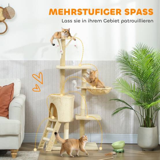 Arbre à chat avec grotte, 4 jouets, poteaux sisal, grande plateforme et escalier pour chats <5kg beige - Image 4