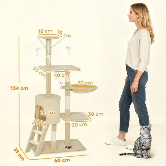Arbre à chat avec grotte, 4 jouets, poteaux sisal, grande plateforme et escalier pour chats <5kg beige - Image 3