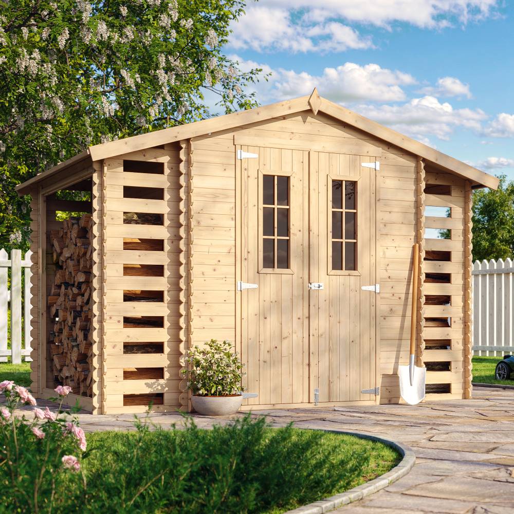 Timbela - Abri de jardin en bois et range bûches extérieur I206xL328xH218 cm/ 3,53+0,97+0,97 m² - 19 mm d’épaisseur - Timbela M391C - Image 1
