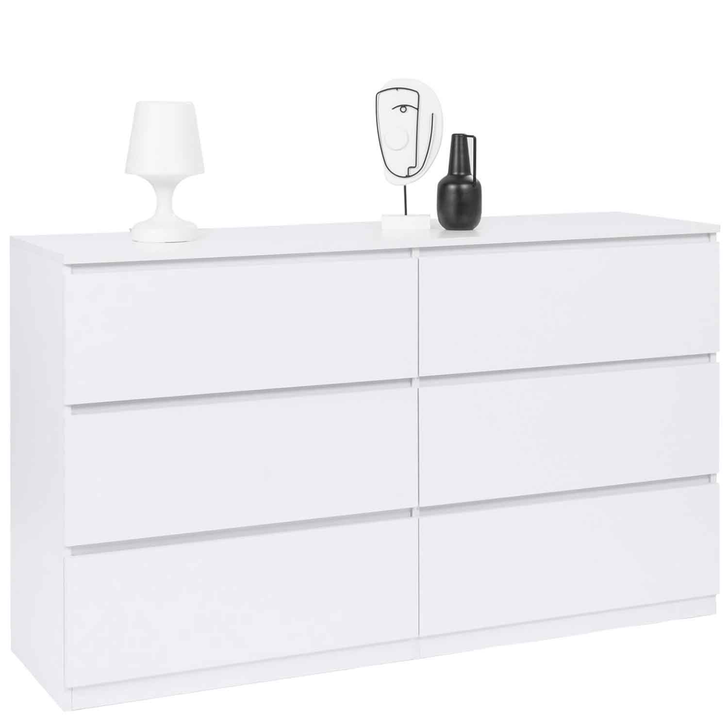 Commode TOMI XXL 6 Tiroirs 140 Cm - Blanc Et Bois Façon Hêtre - Neuve