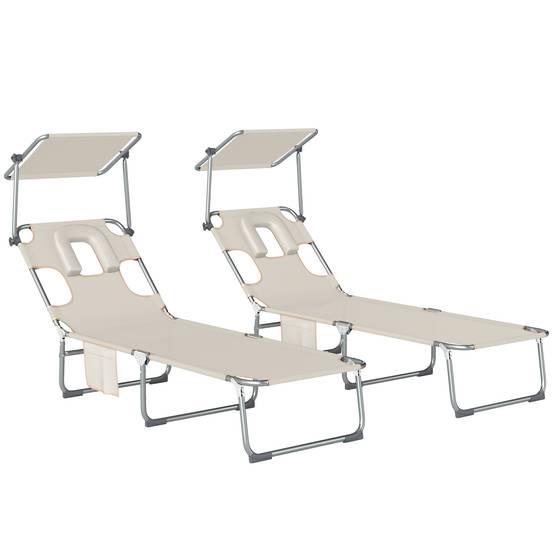 Ensemble de 2 chaises longues pliantes inclinables avec auvent à 360°, ouverture pour le visage, poche latérale et tissu Textilène 550 g/m², beige - Image 1