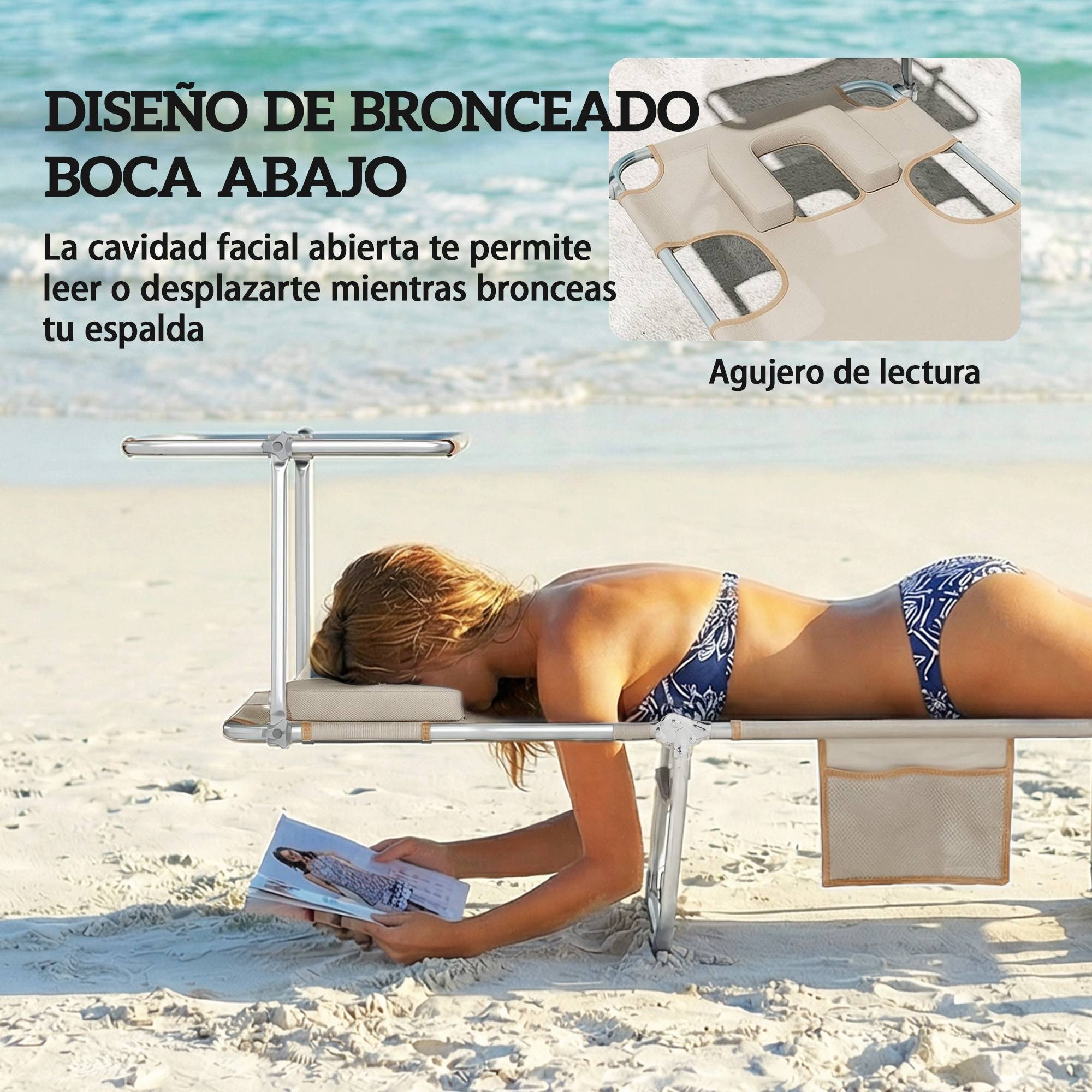 Ensemble de 2 chaises longues pliantes inclinables avec auvent à 360°, ouverture pour le visage, poche latérale et tissu Textilène 550 g/m², beige - Image 7