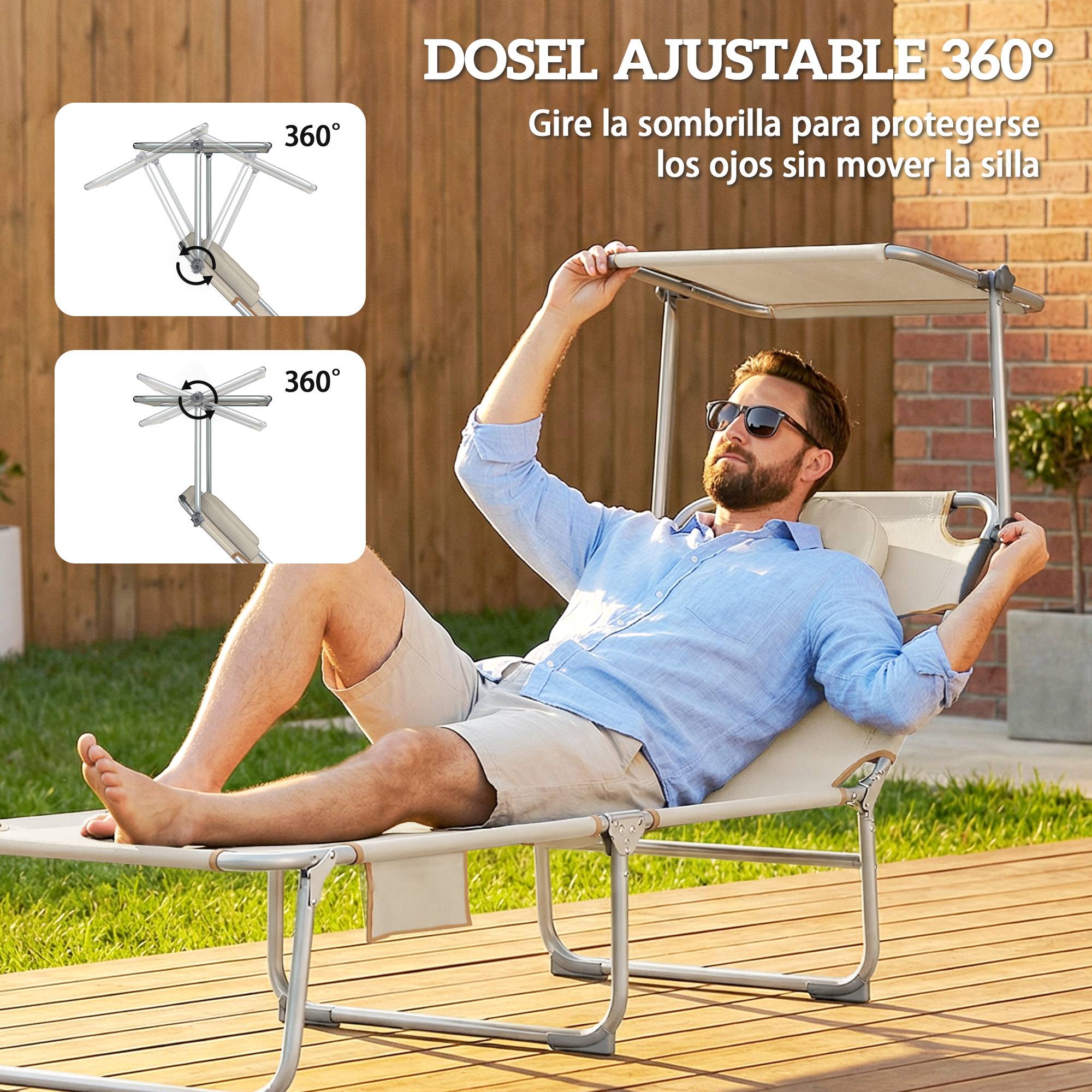 Ensemble de 2 chaises longues pliantes inclinables avec auvent à 360°, ouverture pour le visage, poche latérale et tissu Textilène 550 g/m², beige - Image 6