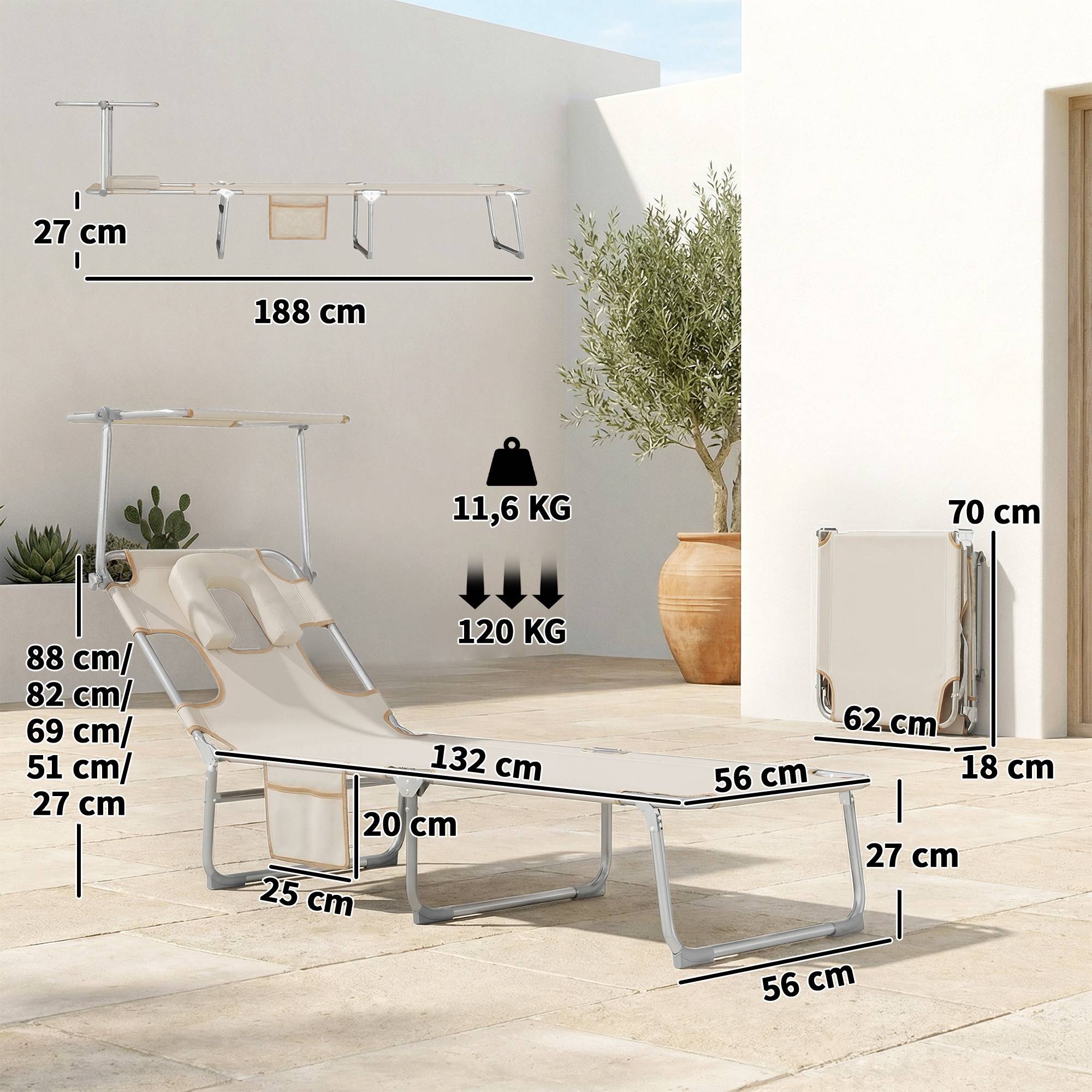 Ensemble de 2 chaises longues pliantes inclinables avec auvent à 360°, ouverture pour le visage, poche latérale et tissu Textilène 550 g/m², beige - Image 5