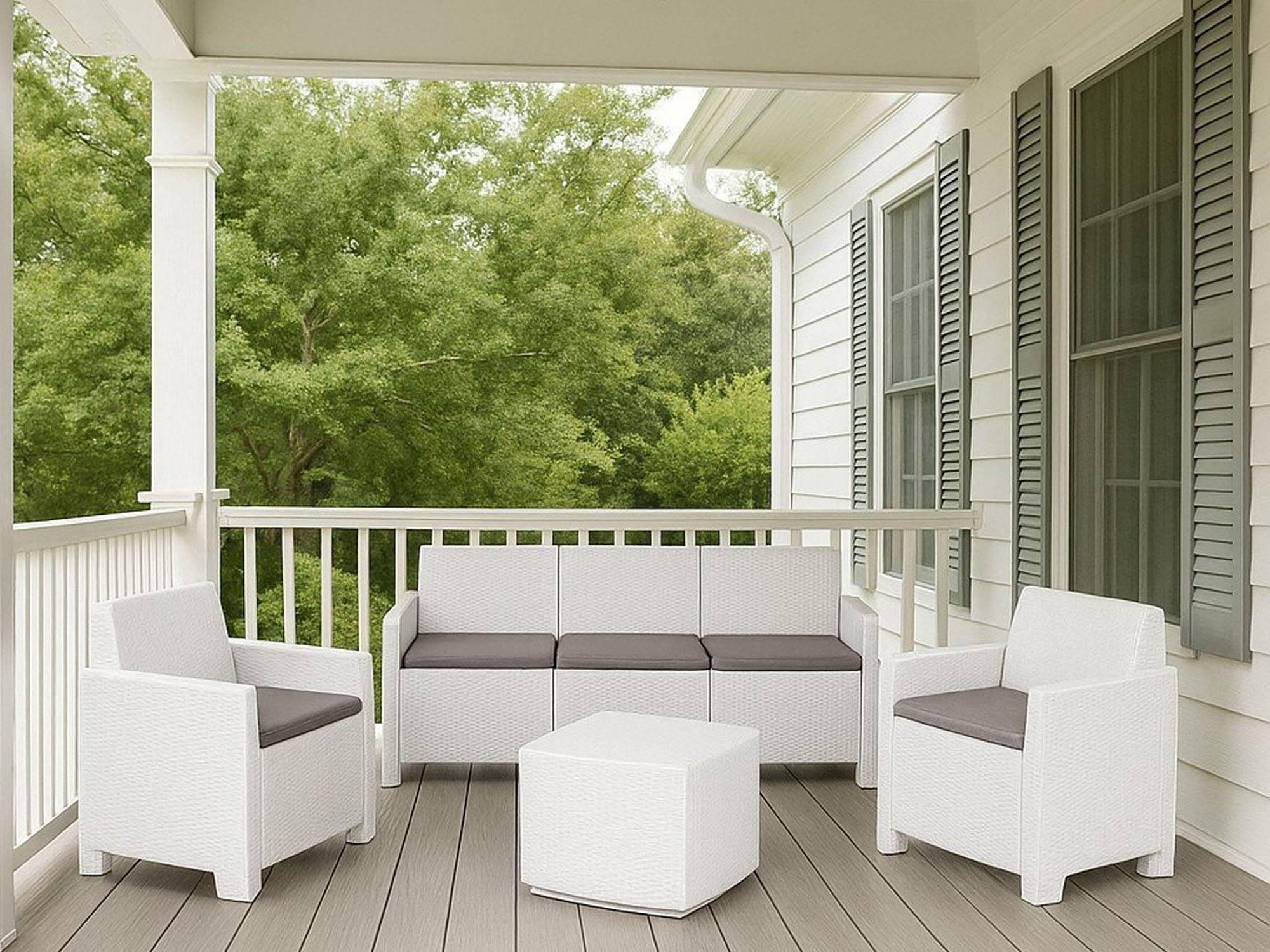 Dmora - Salon d'extérieur Dbellucc, Composition de jardin avec 2 fauteuils, 1 canapé et 1 table de rangement, Effet rotin avec coussins, Blanc - Dmora - Imagen 4