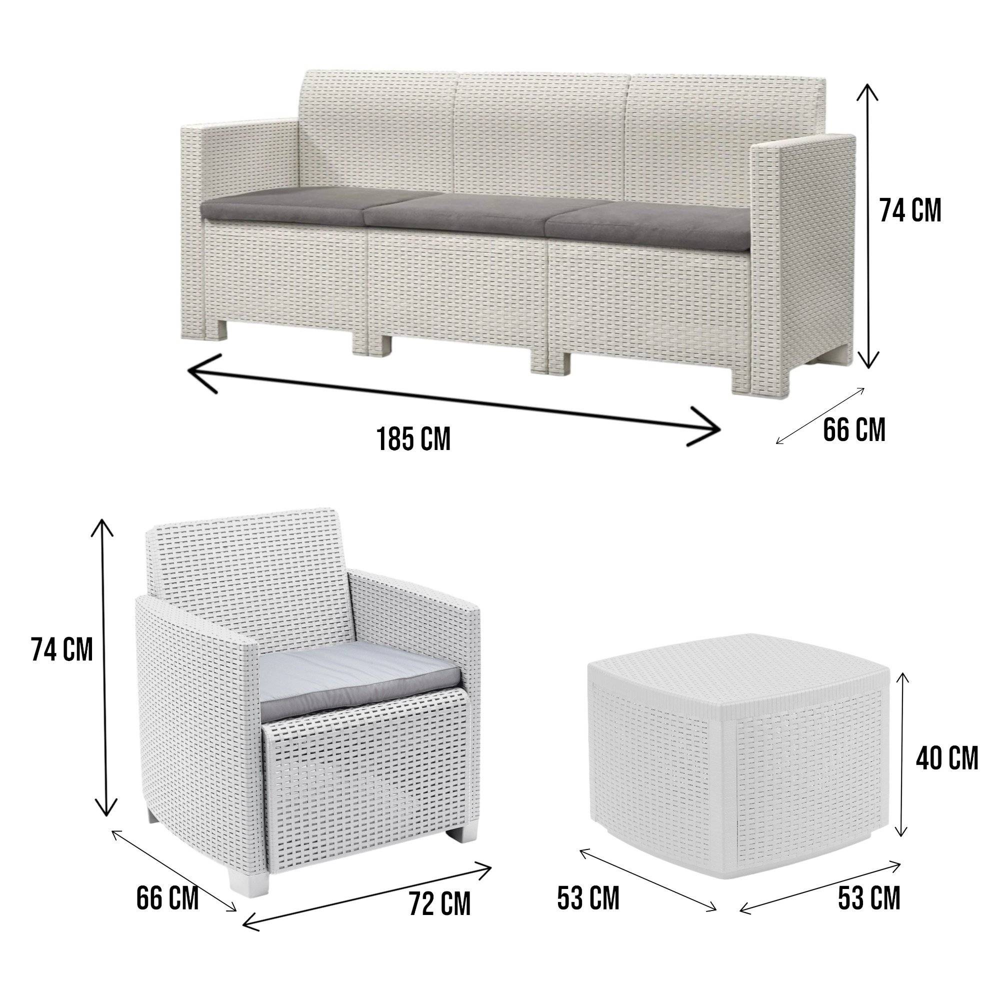 Dmora - Salon d'extérieur Dbellucc, Composition de jardin avec 2 fauteuils, 1 canapé et 1 table de rangement, Effet rotin avec coussins, Blanc - Dmora - Imagen 3