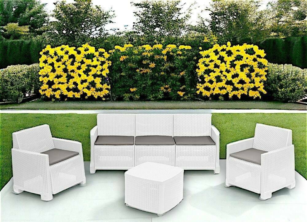 Dmora - Salon d'extérieur Dbellucc, Composition de jardin avec 2 fauteuils, 1 canapé et 1 table de rangement, Effet rotin avec coussins, Blanc - Dmora - Imagen 5