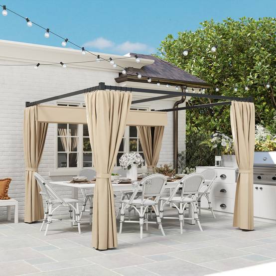 Pergola métal et polyester jardin toit rétractable avec rideaux anti-insectes 300x300cm beige - ComfortXL Outdoor Living - Image 10