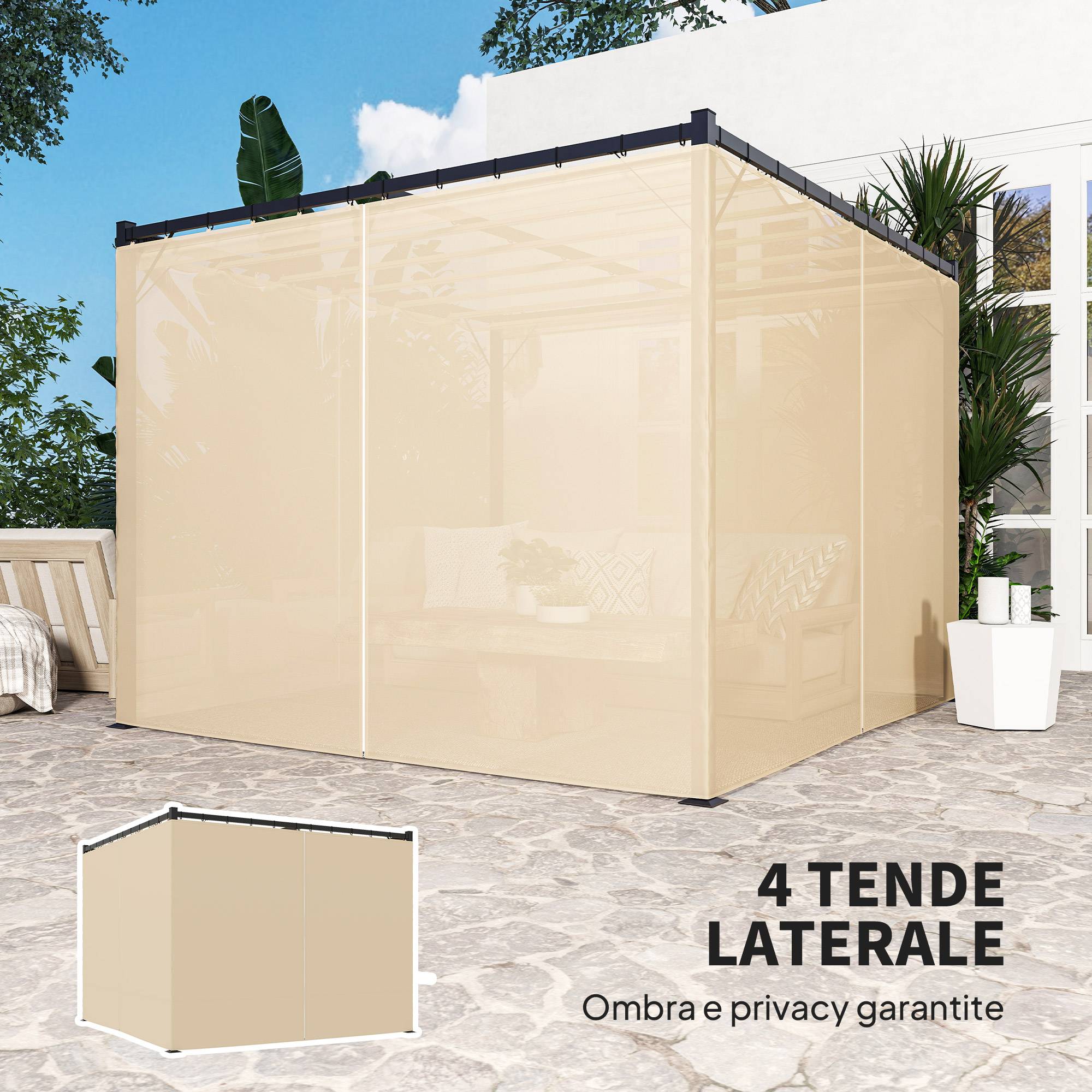 Pergola métal et polyester jardin toit rétractable avec rideaux anti-insectes 300x300cm beige - ComfortXL Outdoor Living - Image 7