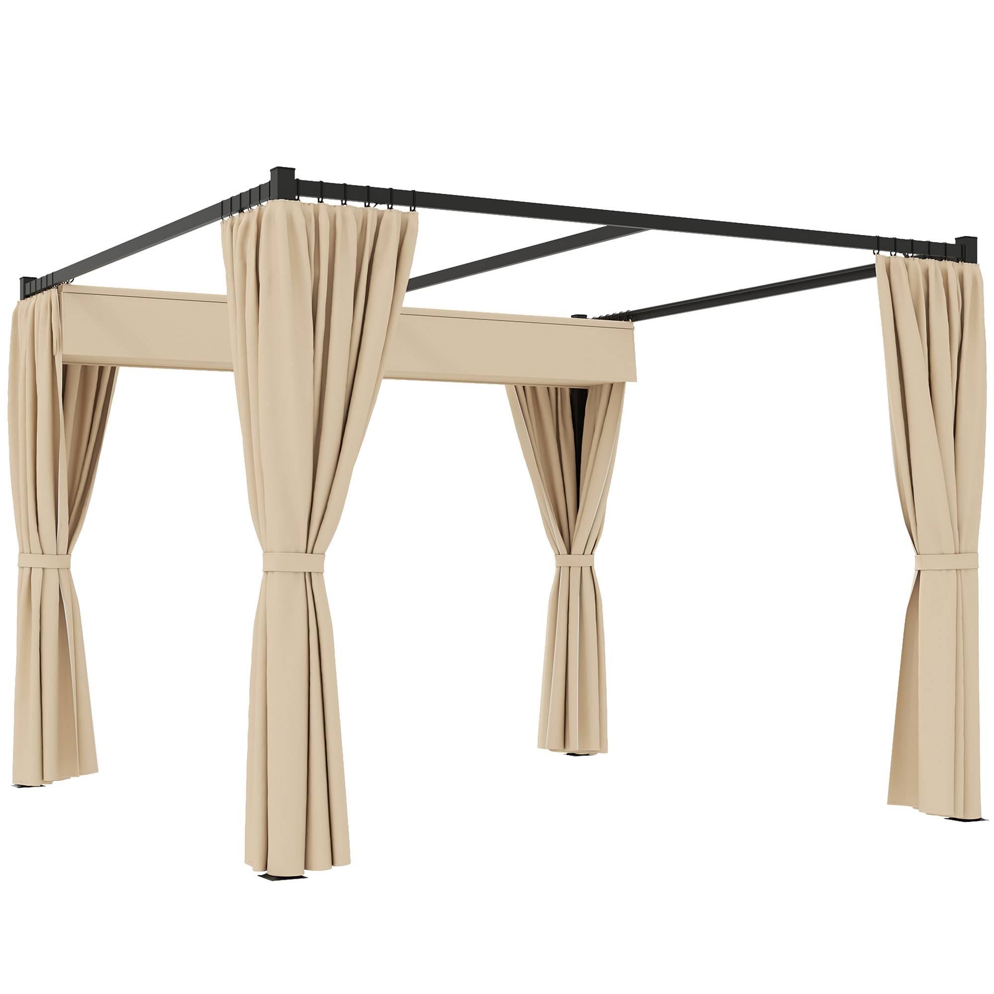 Pergola métal et polyester jardin toit rétractable avec rideaux anti-insectes 300x300cm beige - ComfortXL Outdoor Living - Image 1
