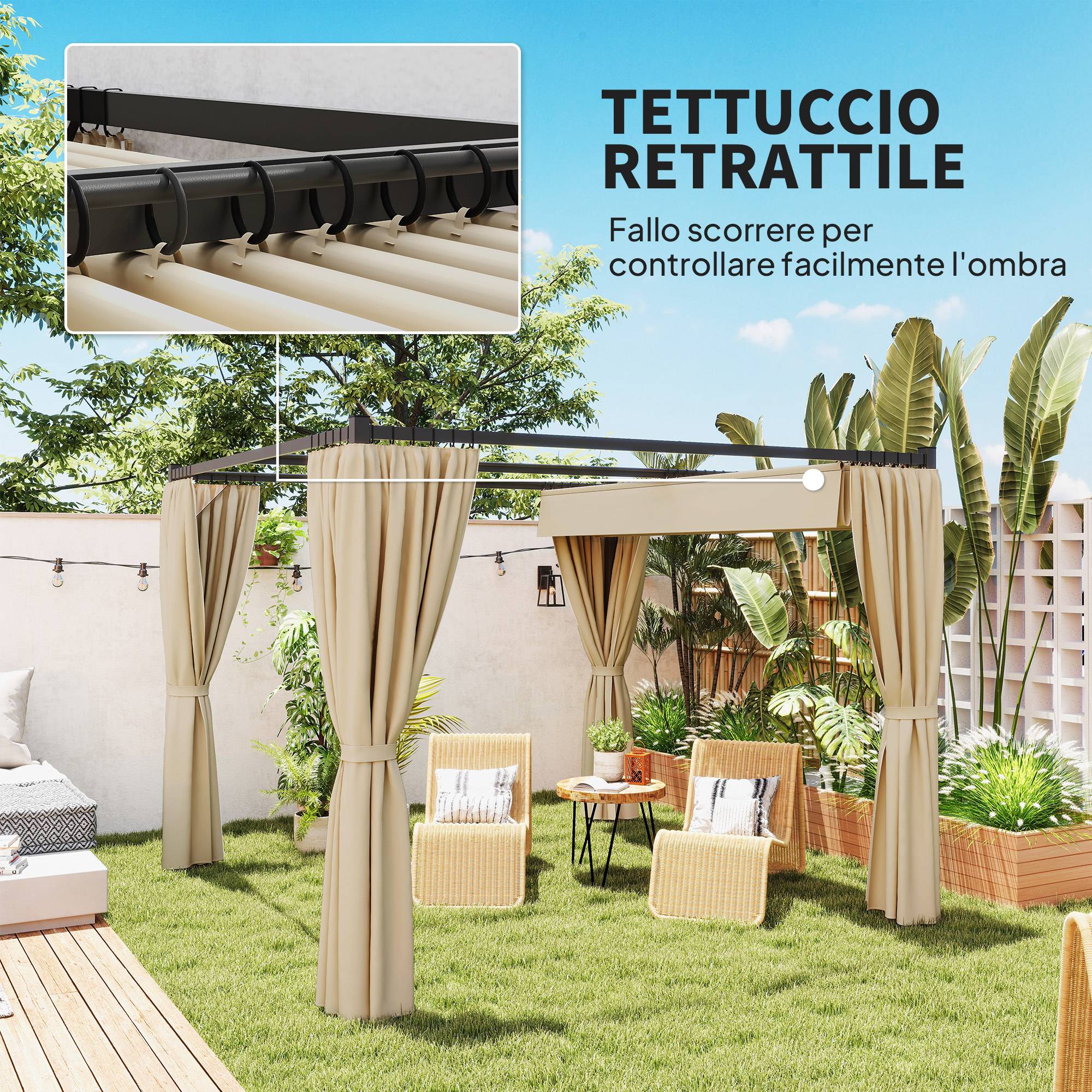 Pergola métal et polyester jardin toit rétractable avec rideaux anti-insectes 300x300cm beige - ComfortXL Outdoor Living - Image 6