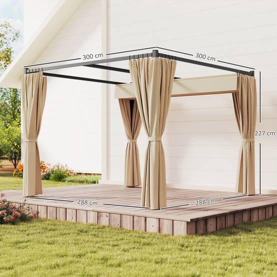 Pergola métal et polyester jardin toit rétractable avec rideaux anti-insectes 300x300cm beige - ComfortXL Outdoor Living - Image 5