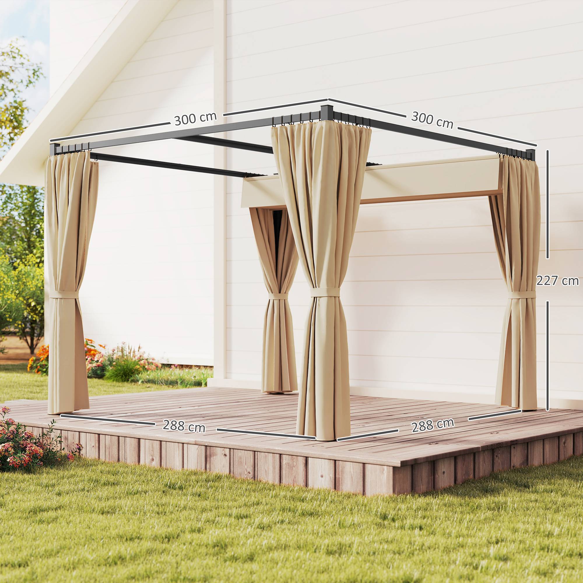 Pergola métal et polyester jardin toit rétractable avec rideaux anti-insectes 300x300cm beige - ComfortXL Outdoor Living - Image 5