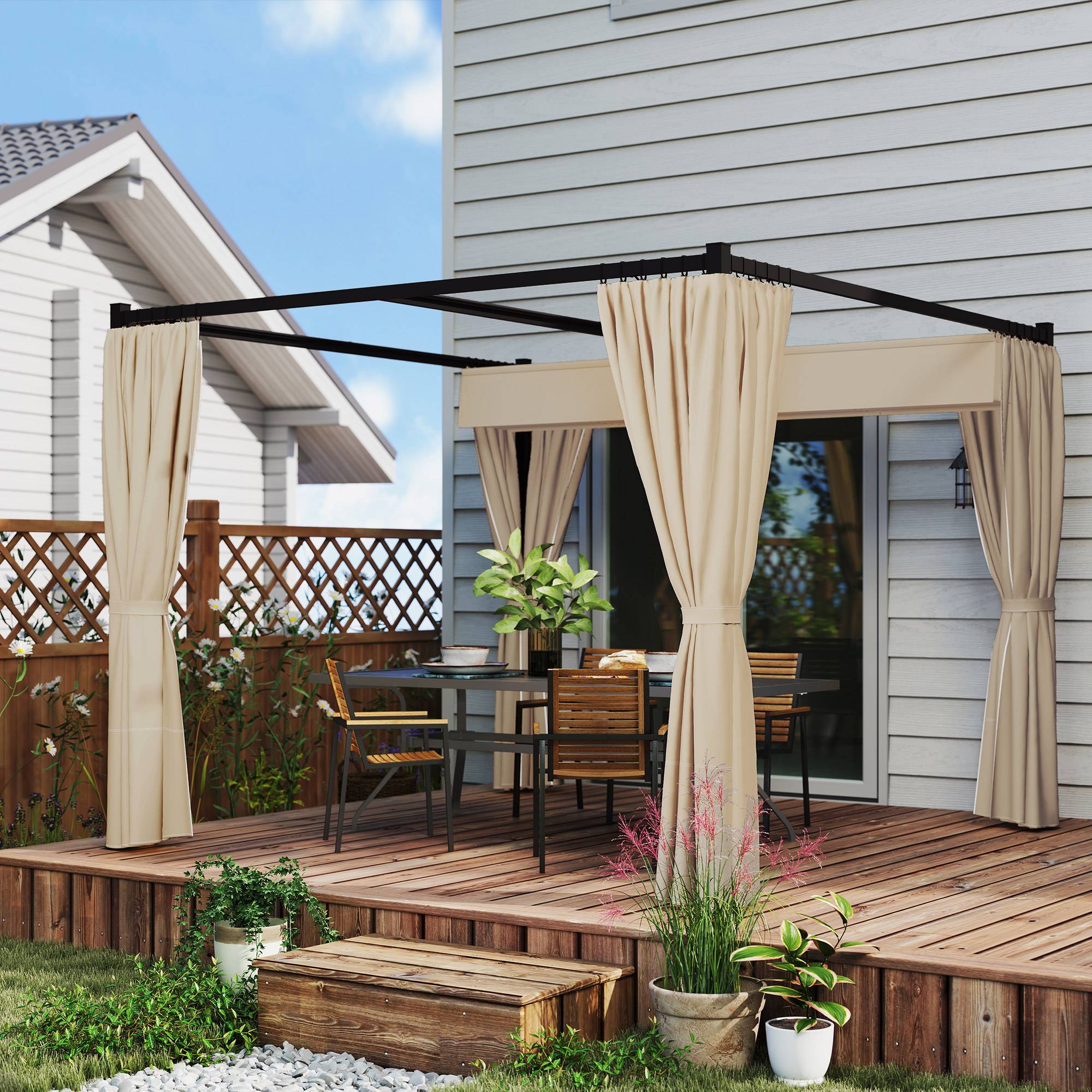 Pergola métal et polyester jardin toit rétractable avec rideaux anti-insectes 300x300cm beige - ComfortXL Outdoor Living - Image 9