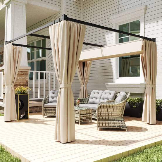 Pergola métal et polyester jardin toit rétractable avec rideaux anti-insectes 300x300cm beige - ComfortXL Outdoor Living - Image 3