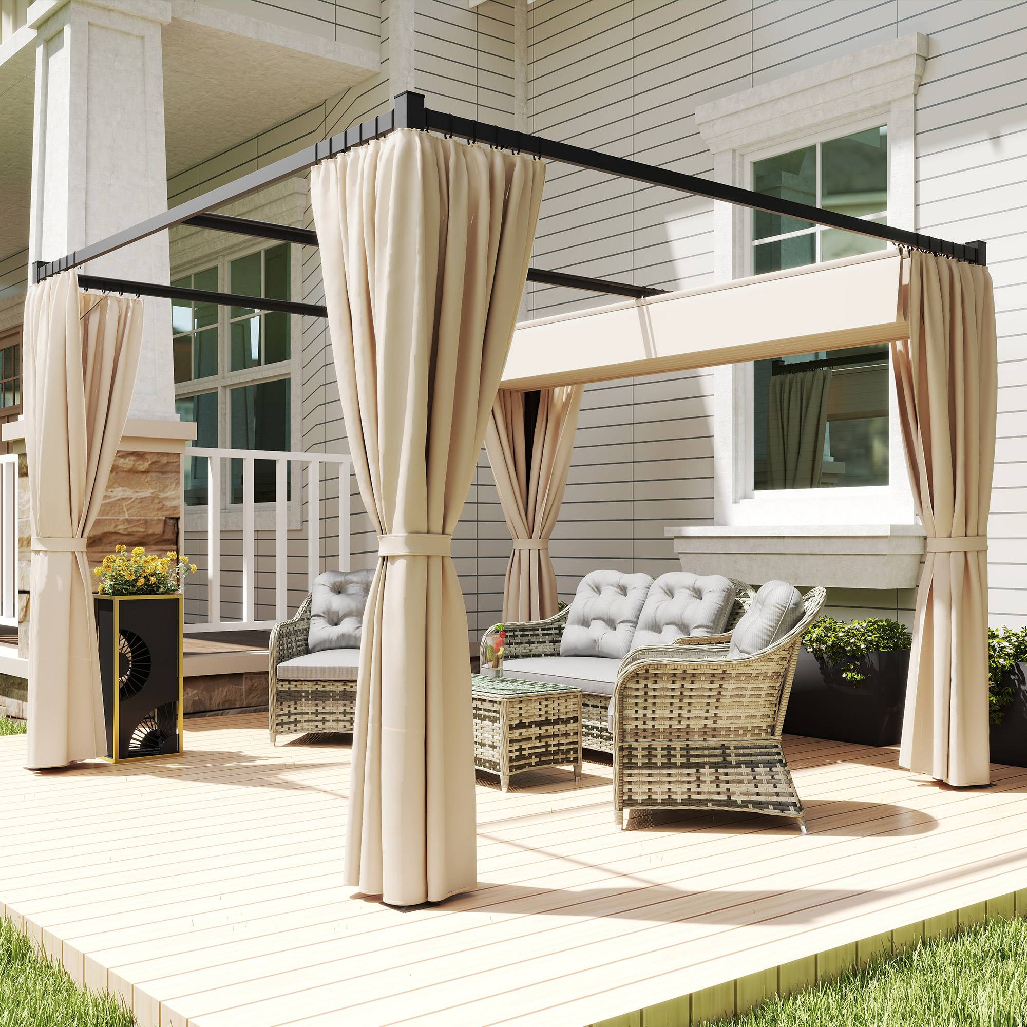 Pergola métal et polyester jardin toit rétractable avec rideaux anti-insectes 300x300cm beige - ComfortXL Outdoor Living - Image 3