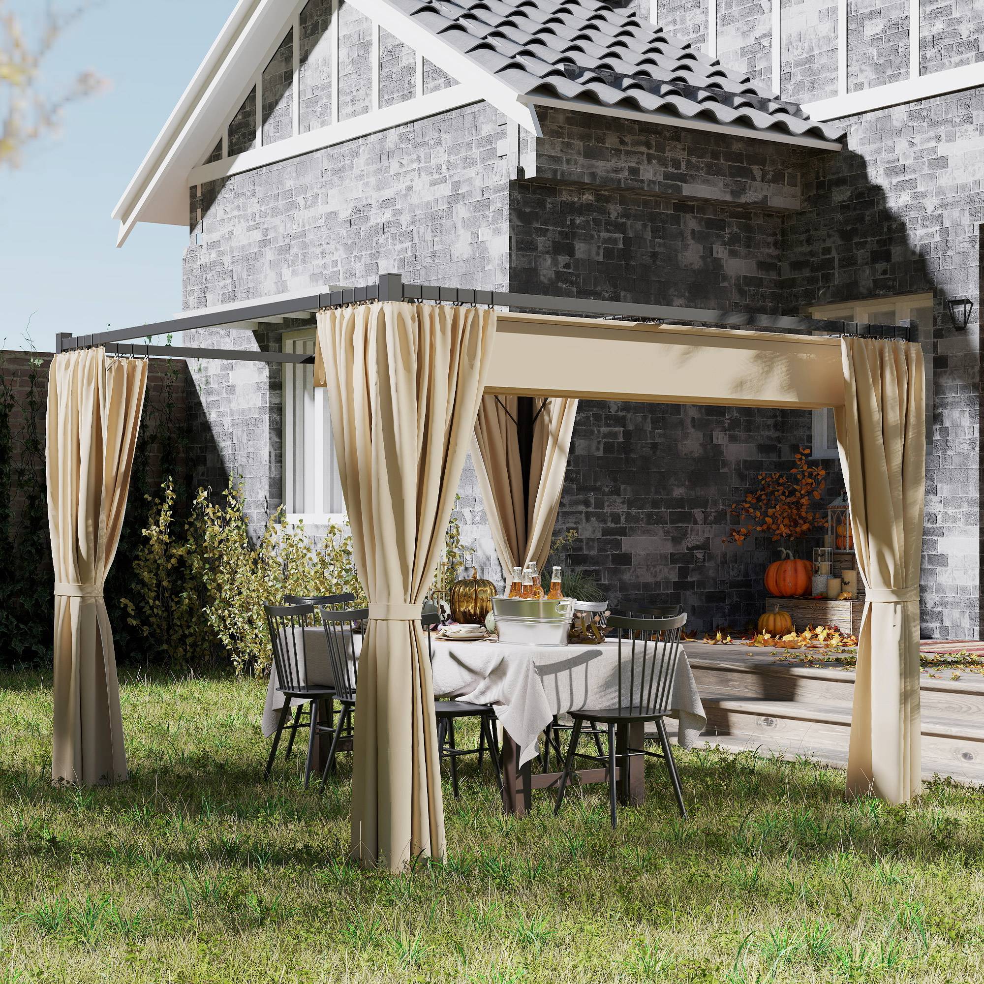Pergola métal et polyester jardin toit rétractable avec rideaux anti-insectes 300x300cm beige - ComfortXL Outdoor Living - Image 4