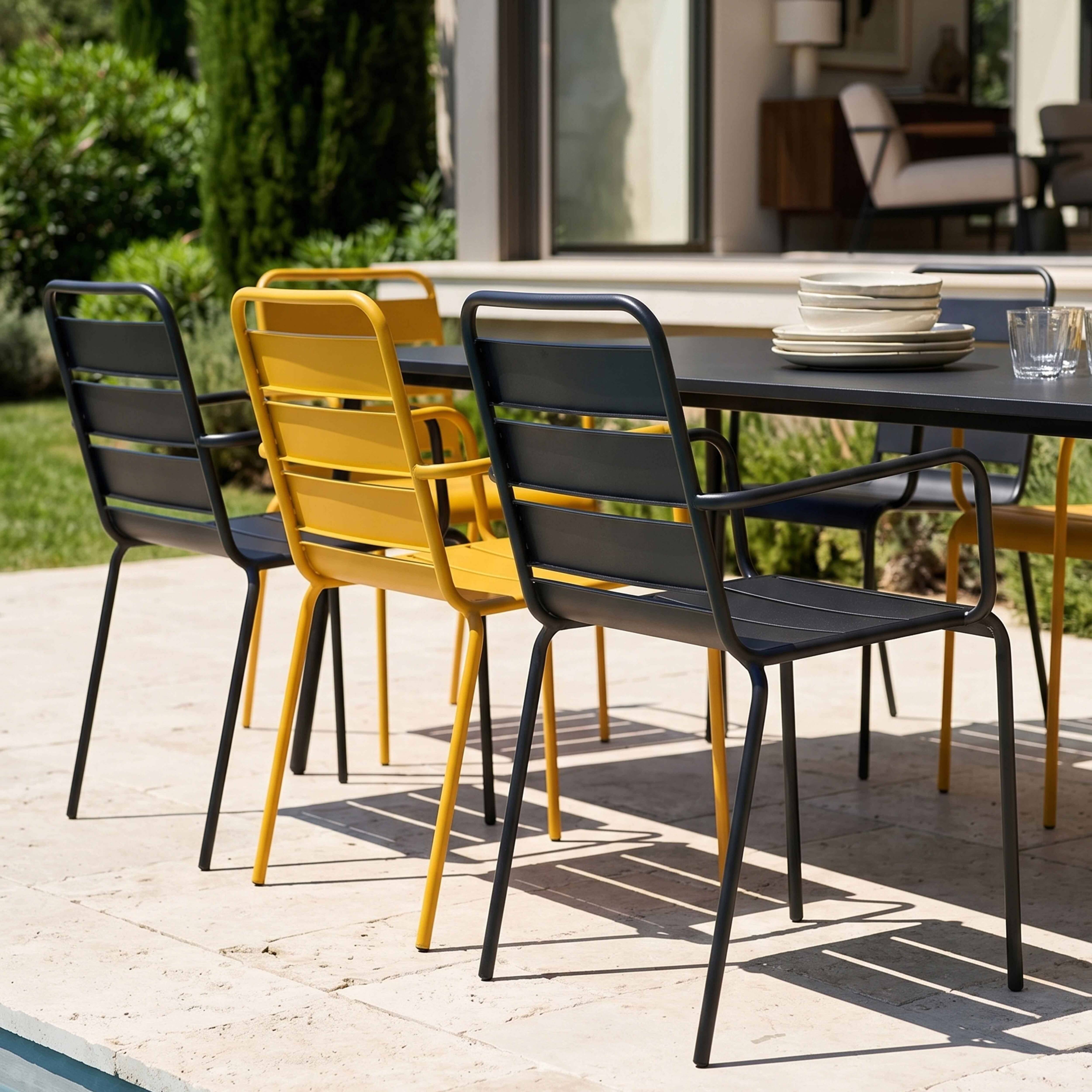 Oviala - Ensemble table de jardin et 8 fauteuils en métal jaune et gris Palavas - Oviala - Imagen 4