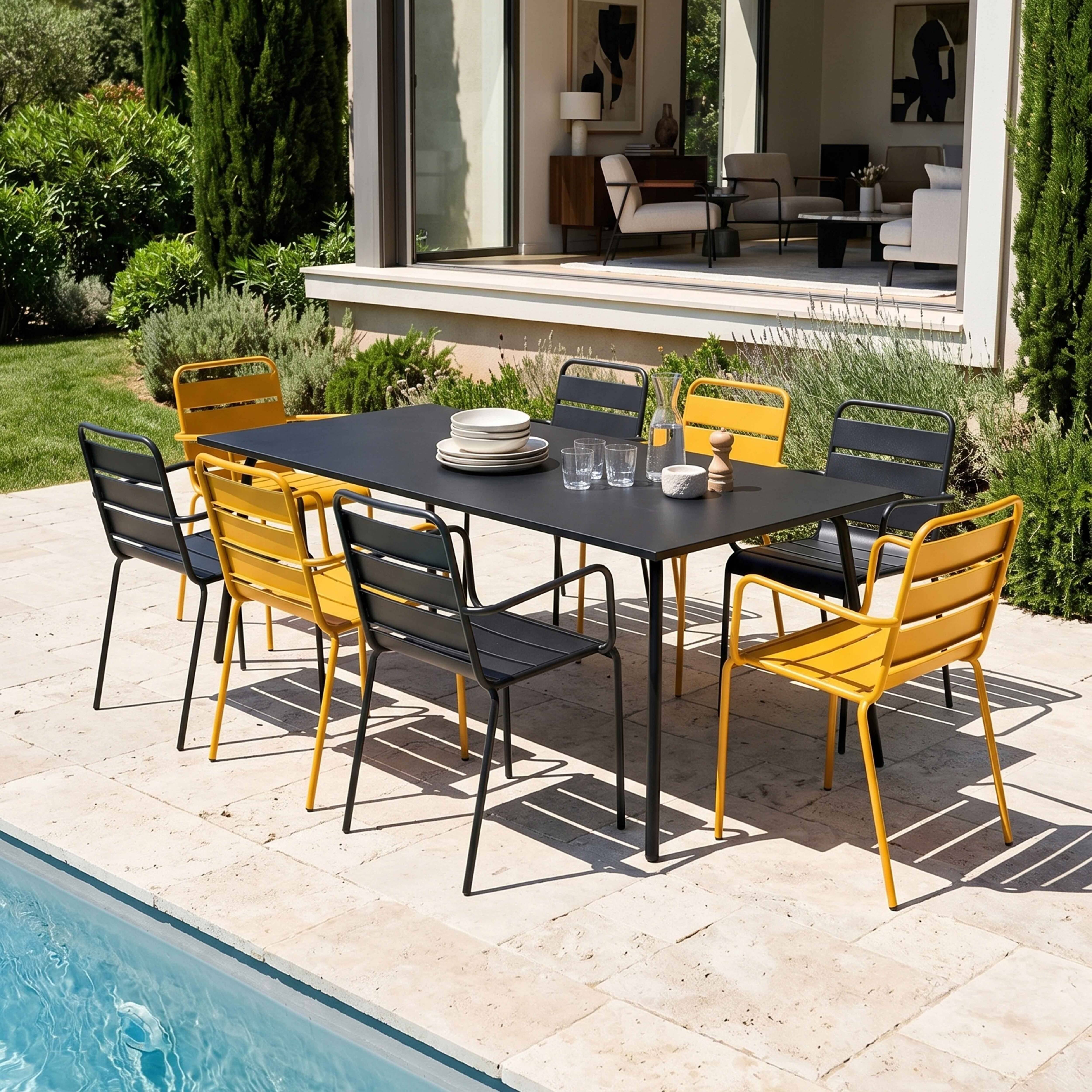 Oviala - Ensemble table de jardin et 8 fauteuils en métal jaune et gris Palavas - Oviala - Imagen 2