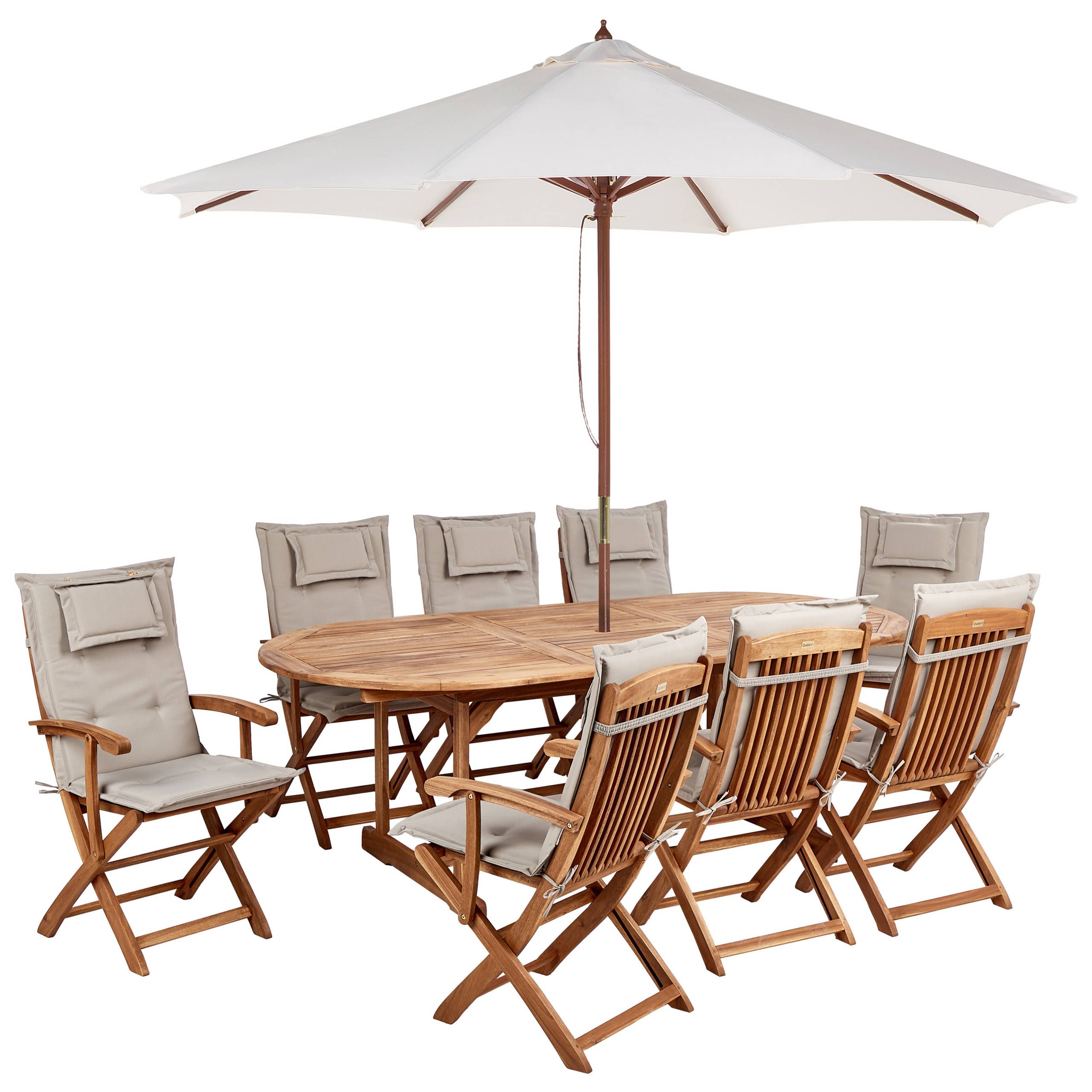 Beliani - Ensemble de Jardin avec Coussins Taupe en Bois d'Acacia Table et Chaises et Parasol 8 Places Style Rustique - Imagen 1