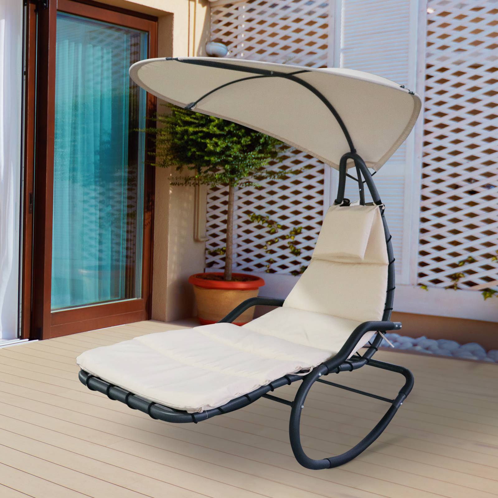 Outsunny - Bain de soleil transat à bascule design contemporain avec pare-soleil et matelas 1,65L x 1,25l x 1,84H m acier époxy noir polyester beige - Outsunny - Imagen 2