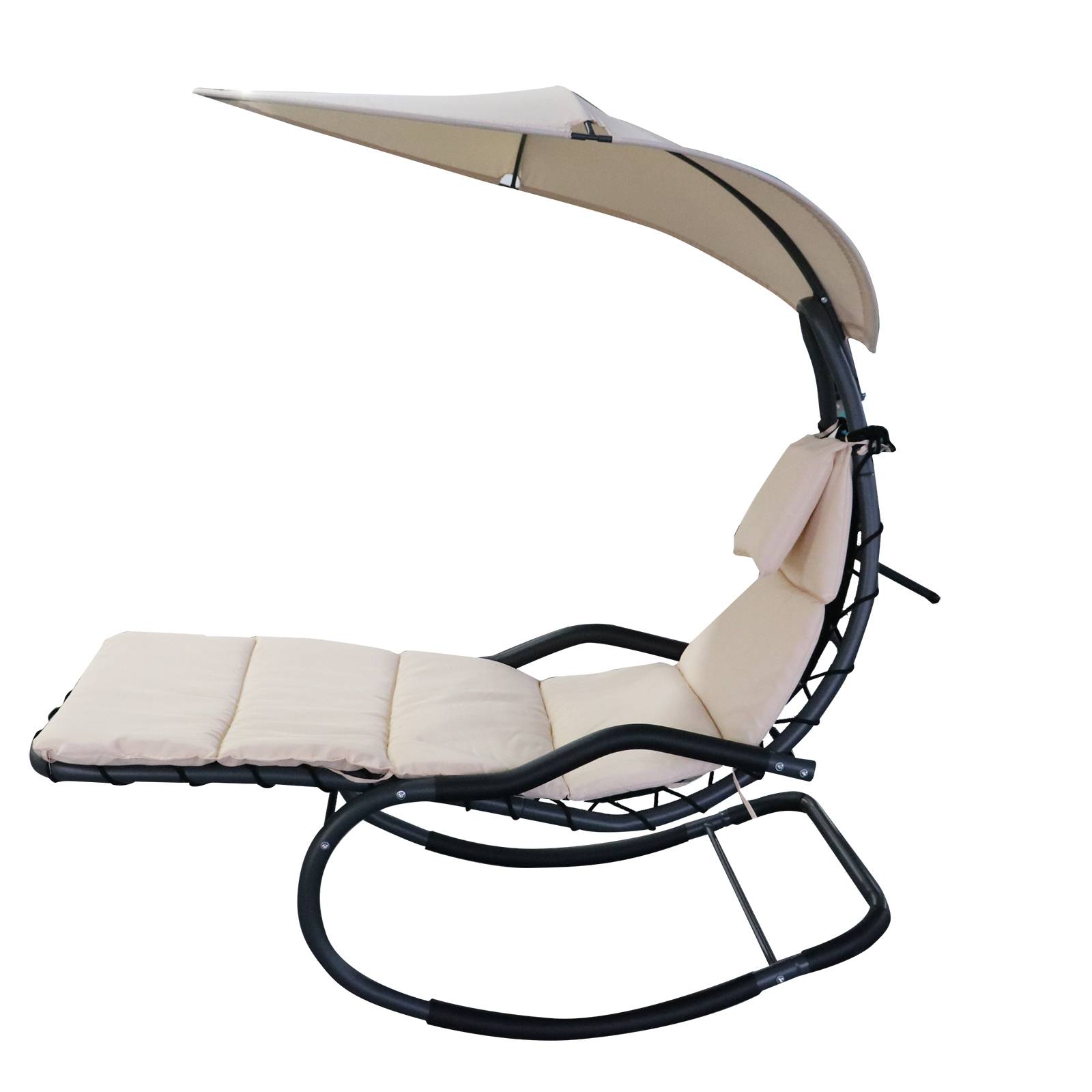 Outsunny - Bain de soleil transat à bascule design contemporain avec pare-soleil et matelas 1,65L x 1,25l x 1,84H m acier époxy noir polyester beige - Outsunny - Imagen 5
