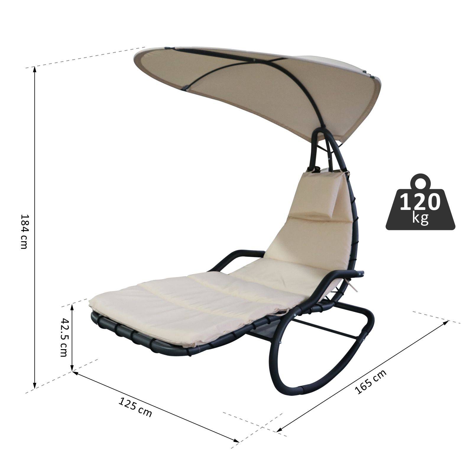 Outsunny - Bain de soleil transat à bascule design contemporain avec pare-soleil et matelas 1,65L x 1,25l x 1,84H m acier époxy noir polyester beige - Outsunny - Imagen 3