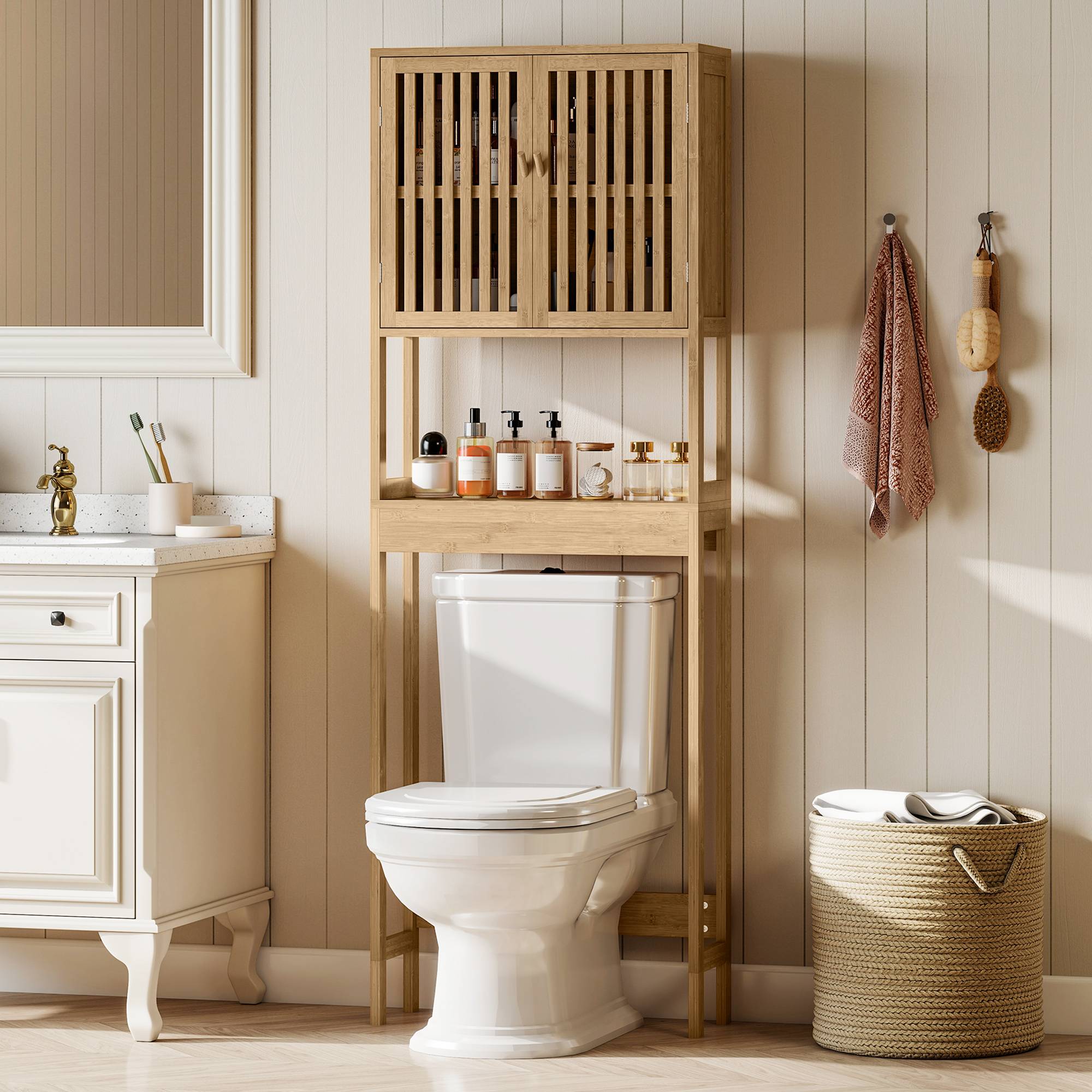Sans Marque - Abattant toilettes 2 portes étagère supérieure bambou - Image 3