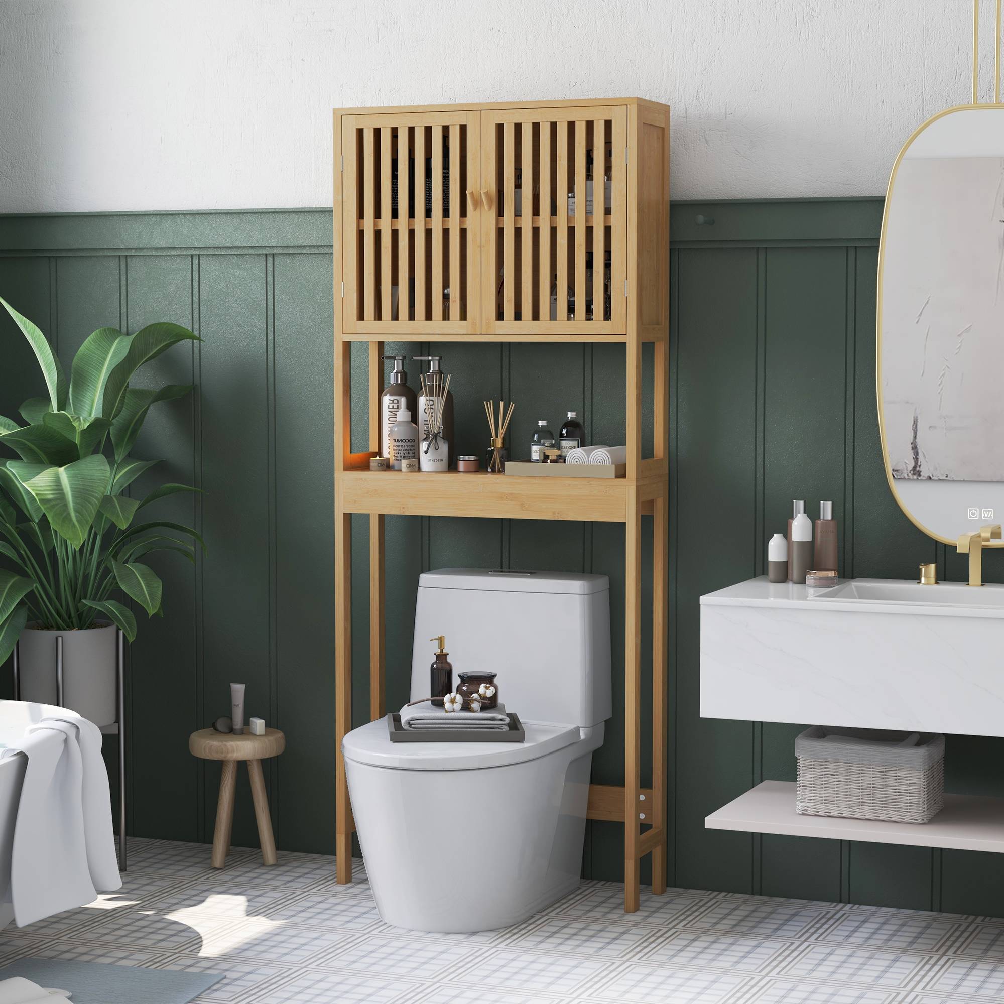 Sans Marque - Abattant toilettes 2 portes étagère supérieure bambou - Image 4