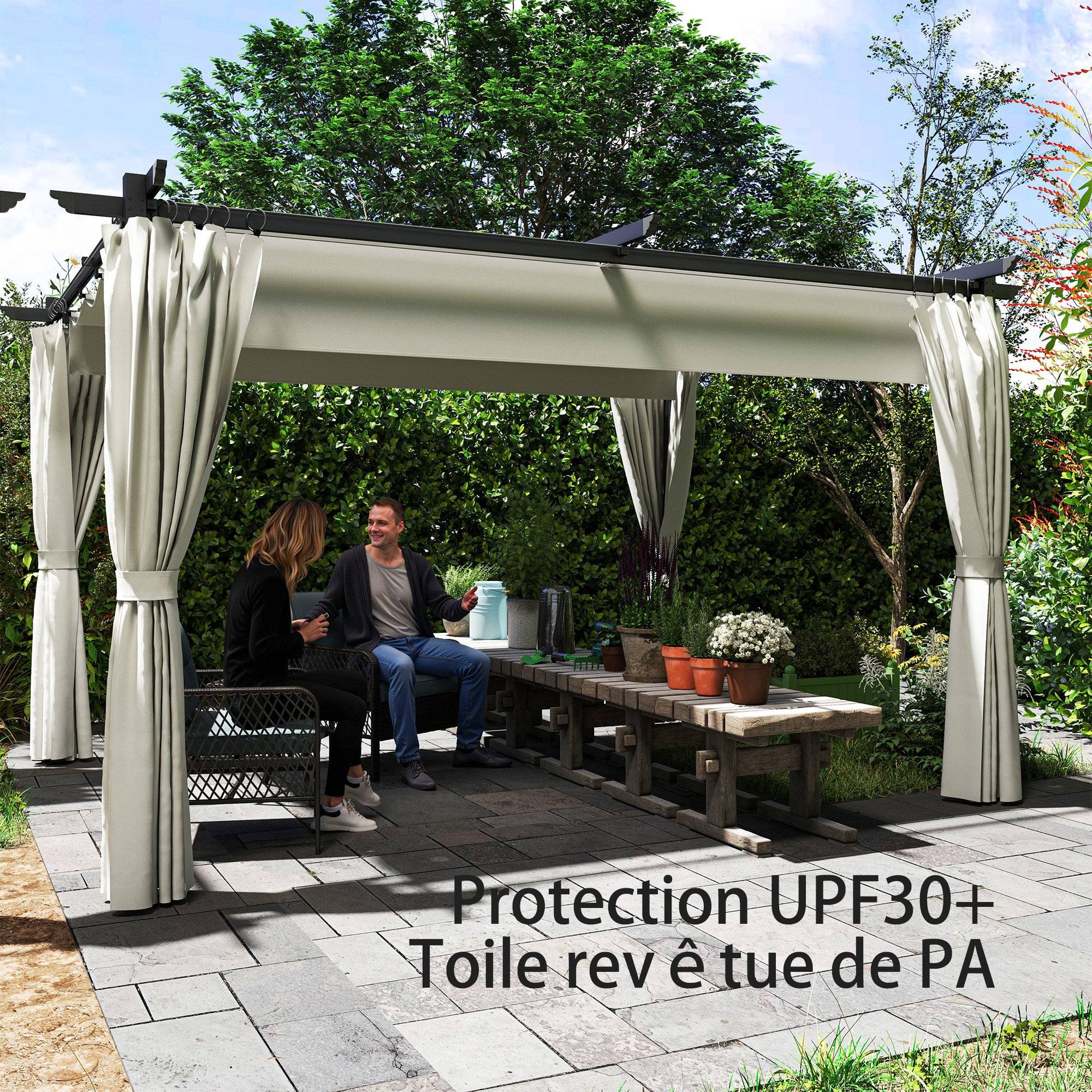 Pergola jardin Métal 3x3m Crème avec auvent rétractable anti-UV et 4 rideaux latéraux - ComfortXL Outdoor Living - Image 8