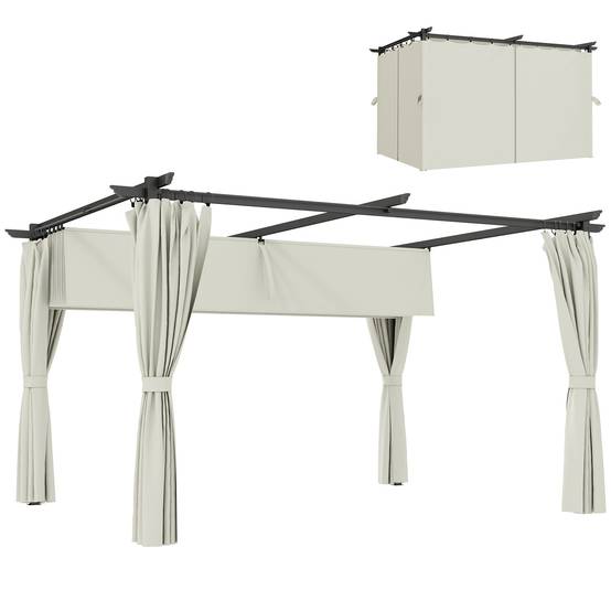 Pergola jardin Métal 3x3m Crème avec auvent rétractable anti-UV et 4 rideaux latéraux - ComfortXL Outdoor Living - Image 1