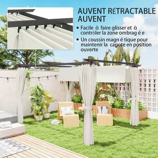 Pergola jardin Métal 3x3m Crème avec auvent rétractable anti-UV et 4 rideaux latéraux - ComfortXL Outdoor Living - Image 6