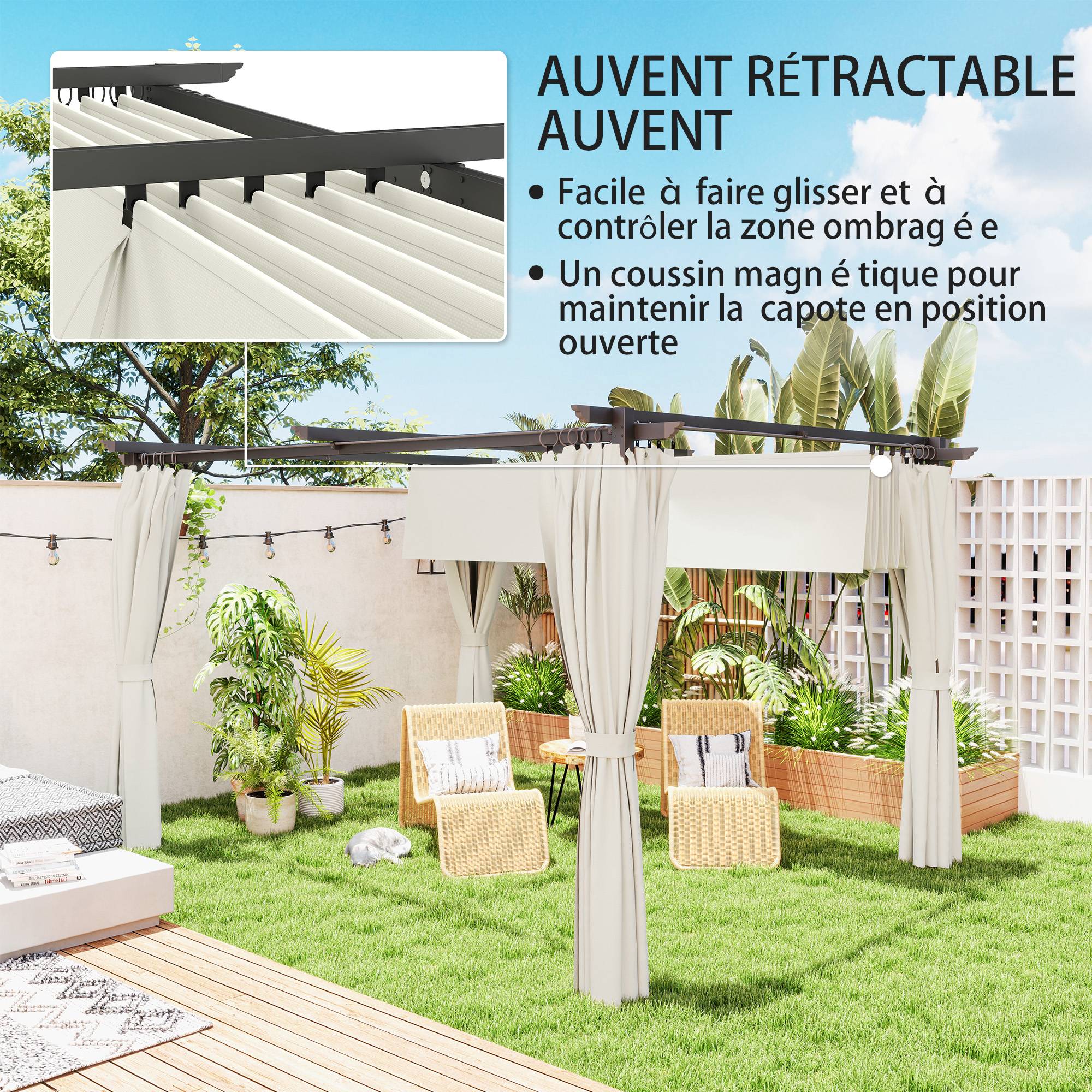 Pergola jardin Métal 3x3m Crème avec auvent rétractable anti-UV et 4 rideaux latéraux - ComfortXL Outdoor Living - Image 6