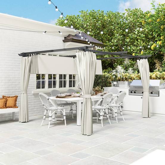 Pergola jardin Métal 3x3m Crème avec auvent rétractable anti-UV et 4 rideaux latéraux - ComfortXL Outdoor Living - Image 10
