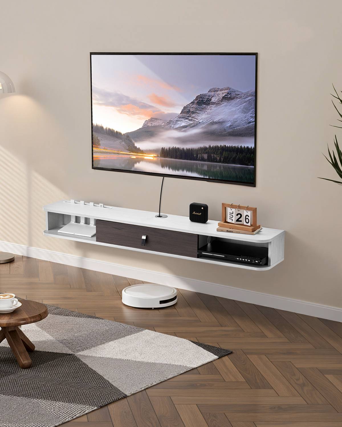 VEVOR Meuble TV flottant 140 cm, blanc, avec passe-câbles. - Image 1