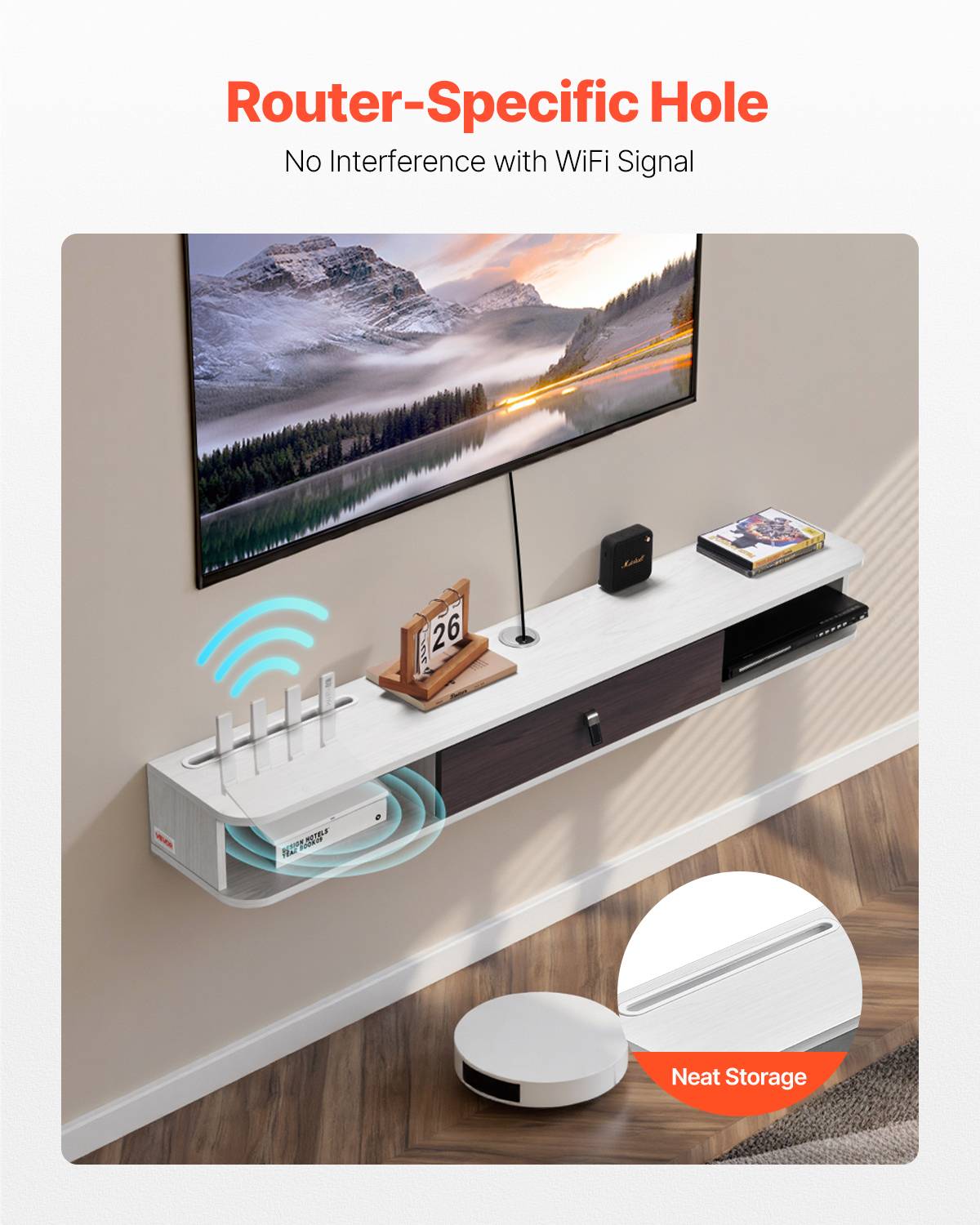 VEVOR Meuble TV flottant 140 cm, blanc, avec passe-câbles. - Image 3