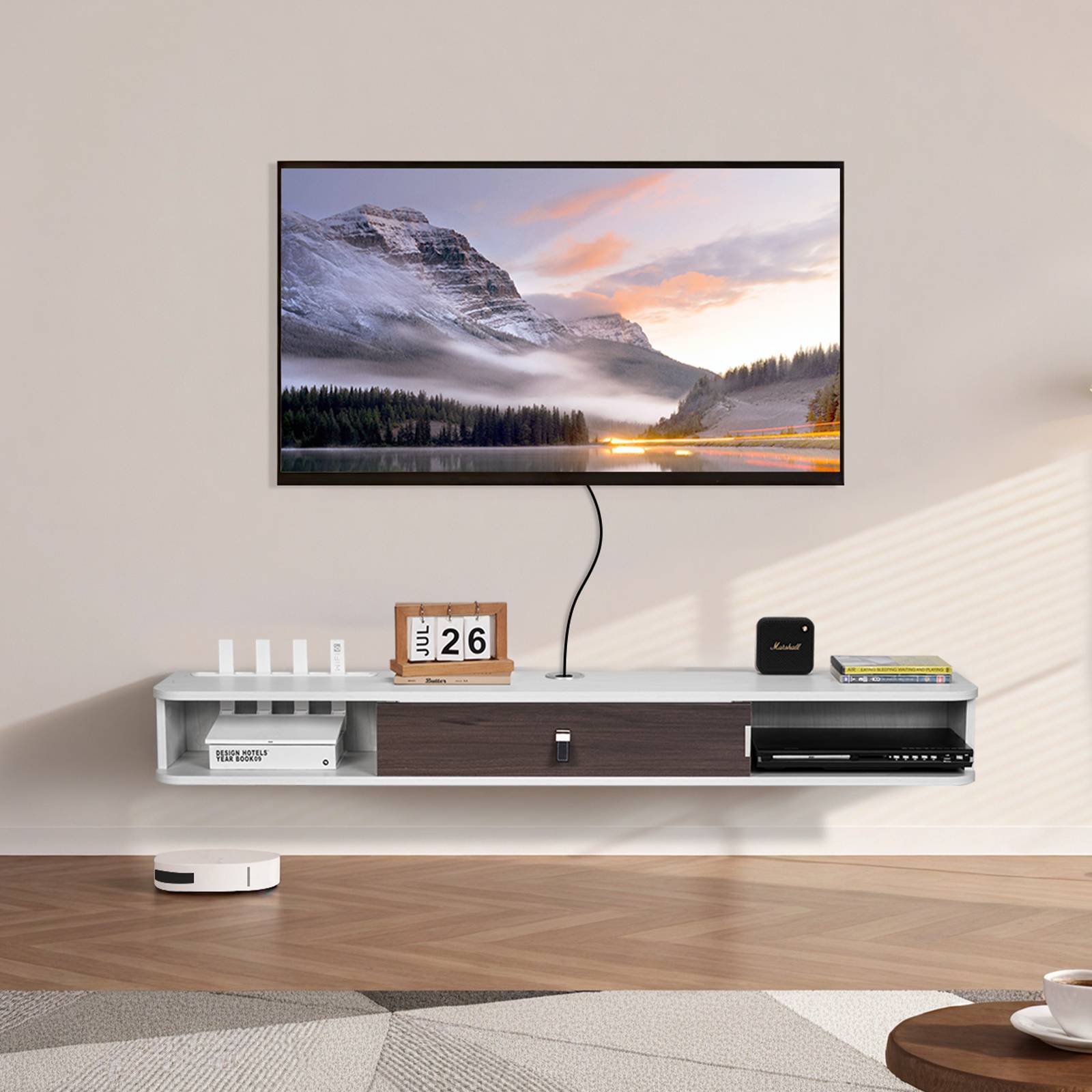 VEVOR Meuble TV flottant 140 cm, blanc, avec passe-câbles. - Image 8