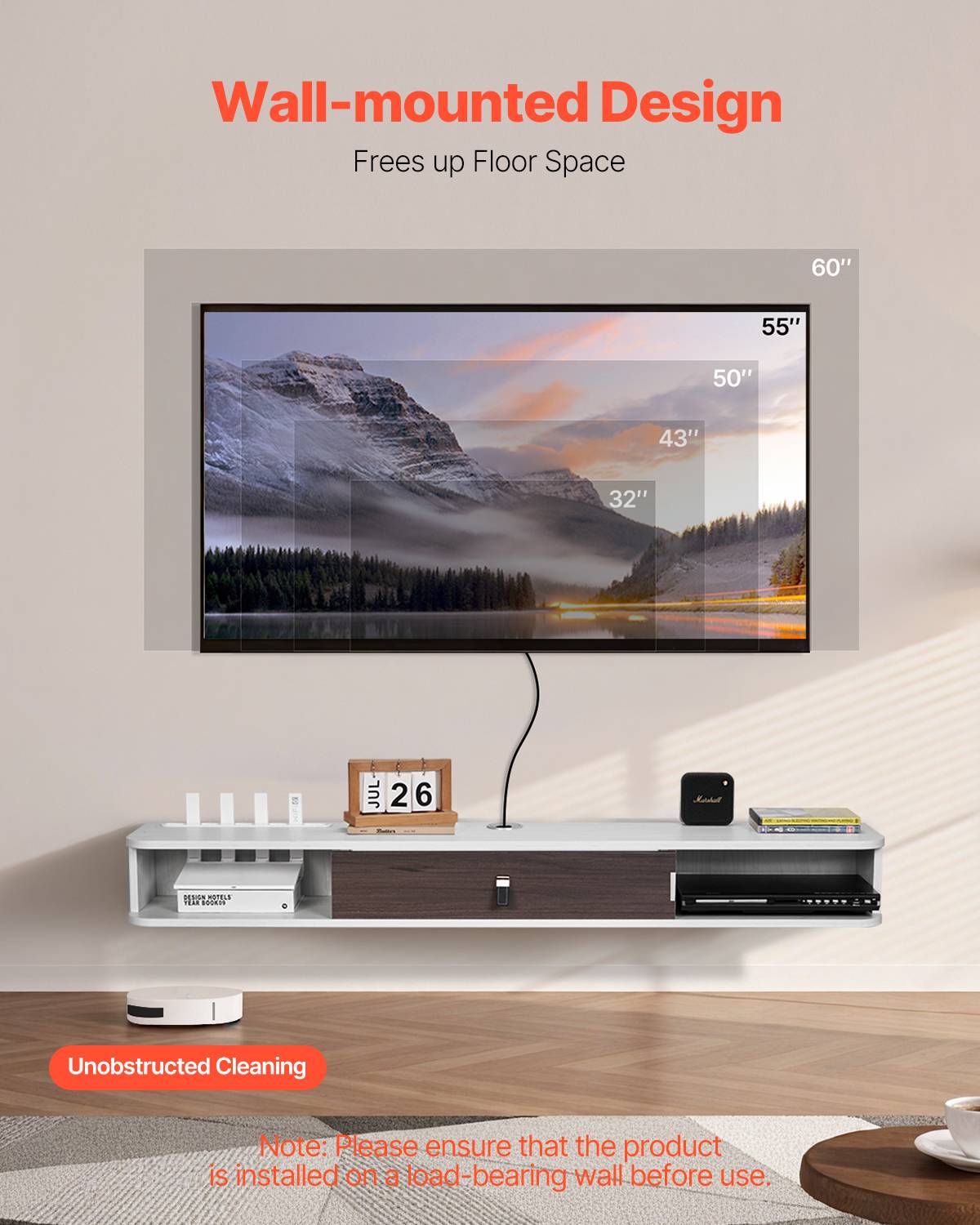 VEVOR Meuble TV flottant 140 cm, blanc, avec passe-câbles. - Image 2