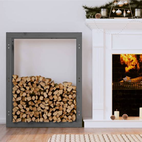 Support à bûches vertical en Bois de Pin Massif Stockage pour Cheminée 80x25x100 cm Gris - ComfortXL Outdoor Living - Image 1