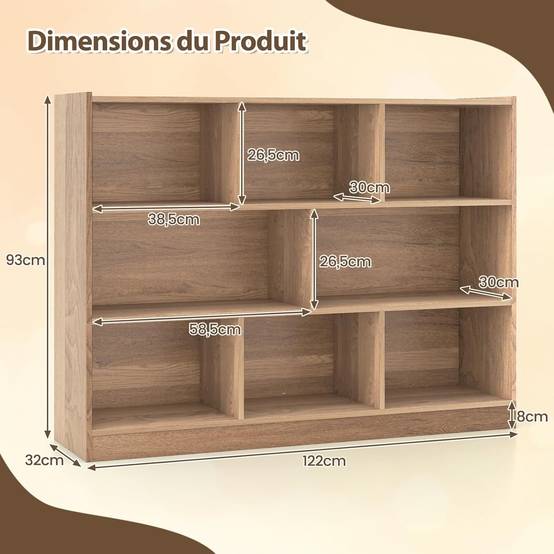 Bibliothèque Enfants à 3 Niveaux avec 8 Cases, Étagère à Livres Enfant avec Espace de Rangement, Charge 60kg, 122 x 32 x 93 CM - Image 3