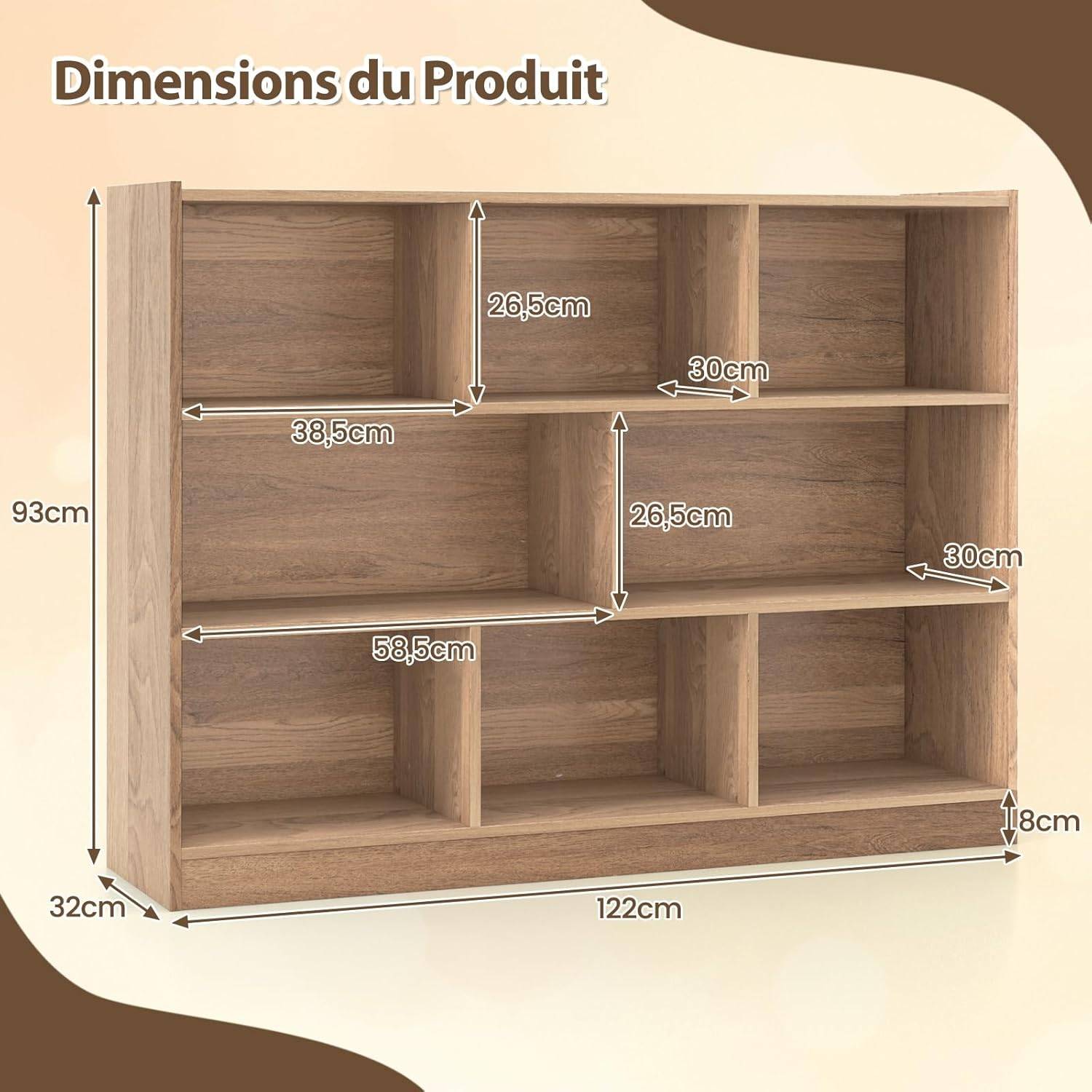 Bibliothèque Enfants à 3 Niveaux avec 8 Cases, Étagère à Livres Enfant avec Espace de Rangement, Charge 60kg, 122 x 32 x 93 CM - Image 3