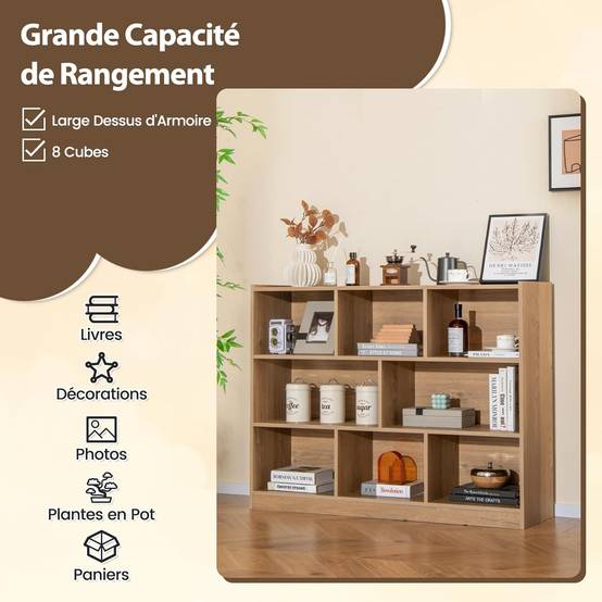 Bibliothèque Enfants à 3 Niveaux avec 8 Cases, Étagère à Livres Enfant avec Espace de Rangement, Charge 60kg, 122 x 32 x 93 CM - Image 4