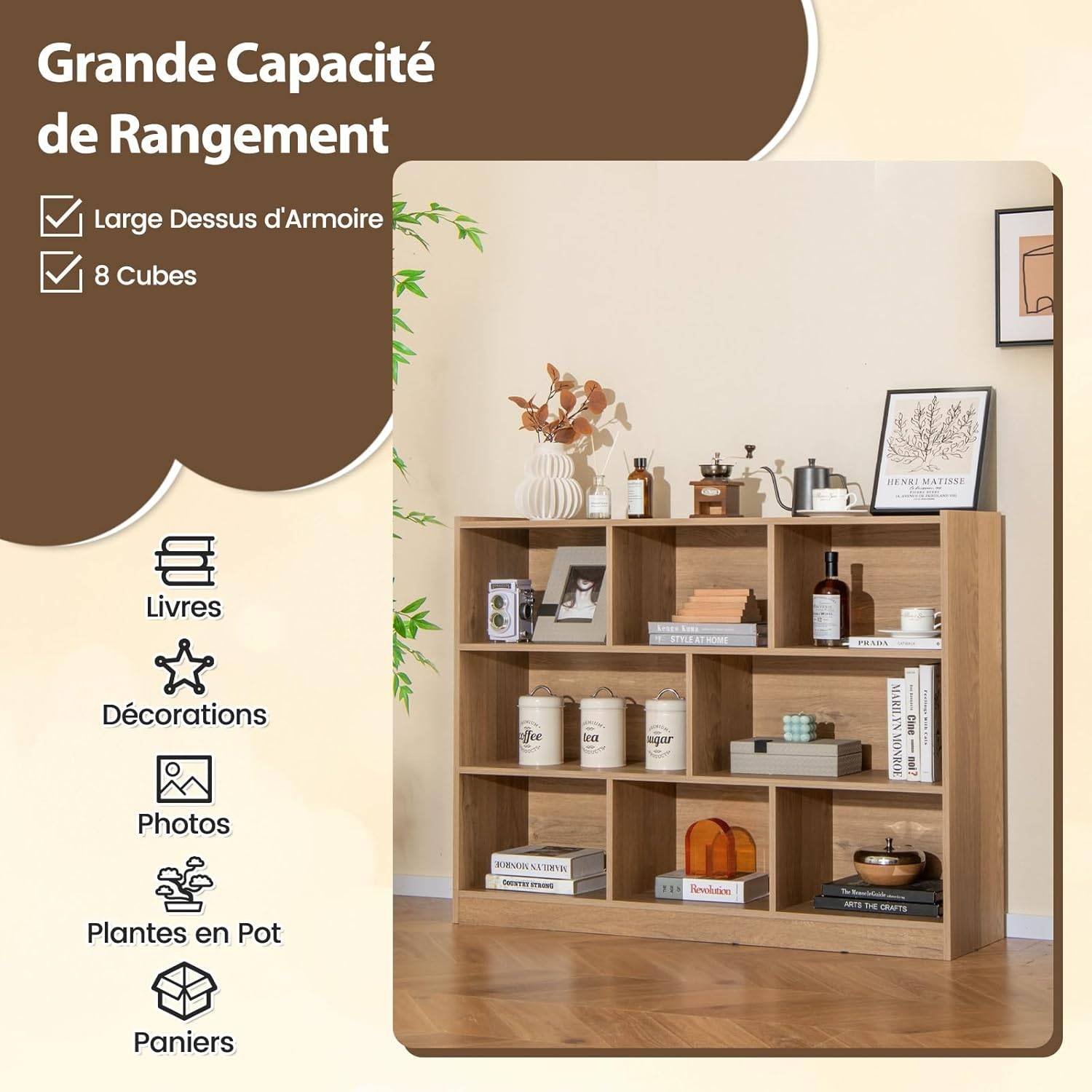 Bibliothèque Enfants à 3 Niveaux avec 8 Cases, Étagère à Livres Enfant avec Espace de Rangement, Charge 60kg, 122 x 32 x 93 CM - Image 4