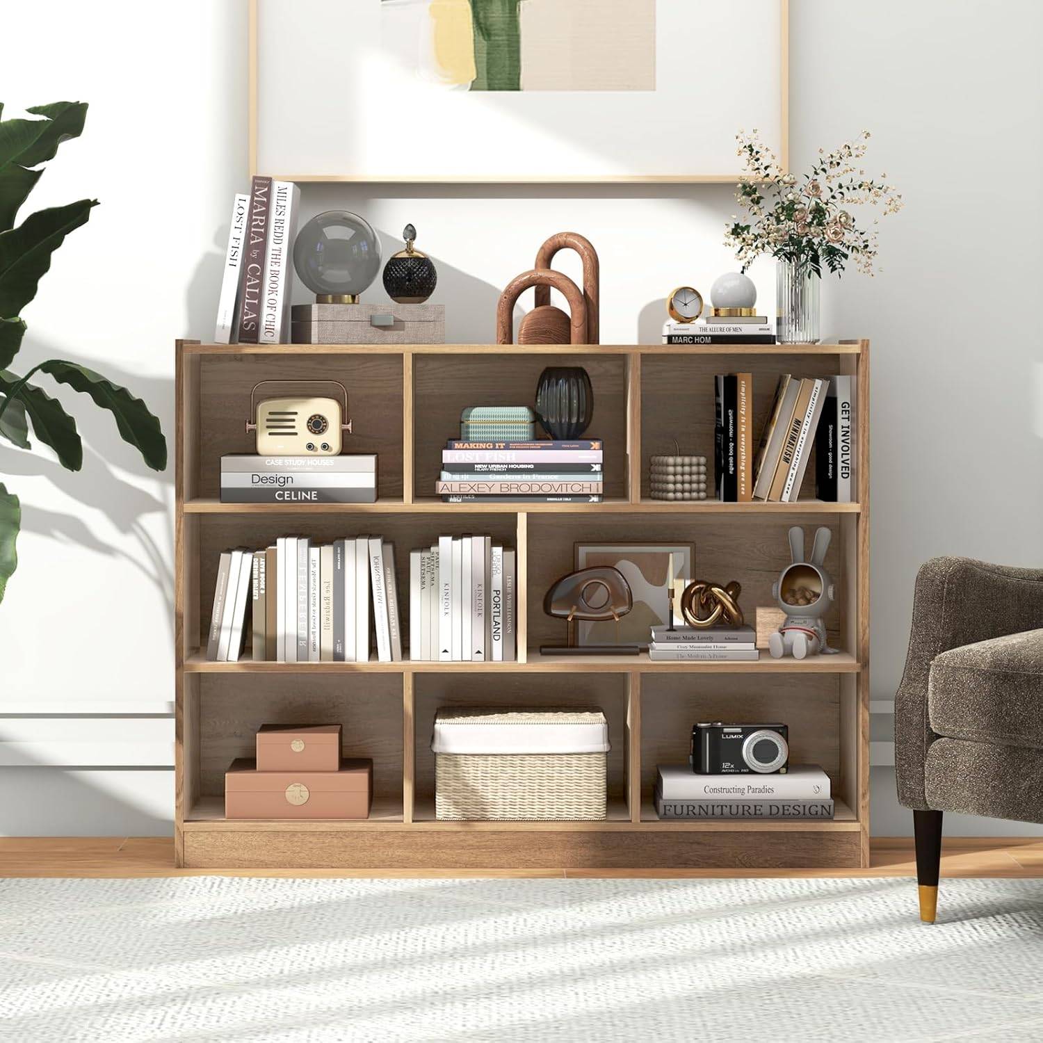 Bibliothèque Enfants à 3 Niveaux avec 8 Cases, Étagère à Livres Enfant avec Espace de Rangement, Charge 60kg, 122 x 32 x 93 CM - Image 9