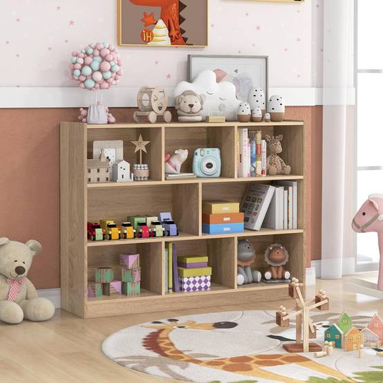 Bibliothèque Enfants à 3 Niveaux avec 8 Cases, Étagère à Livres Enfant avec Espace de Rangement, Charge 60kg, 122 x 32 x 93 CM - Image 2